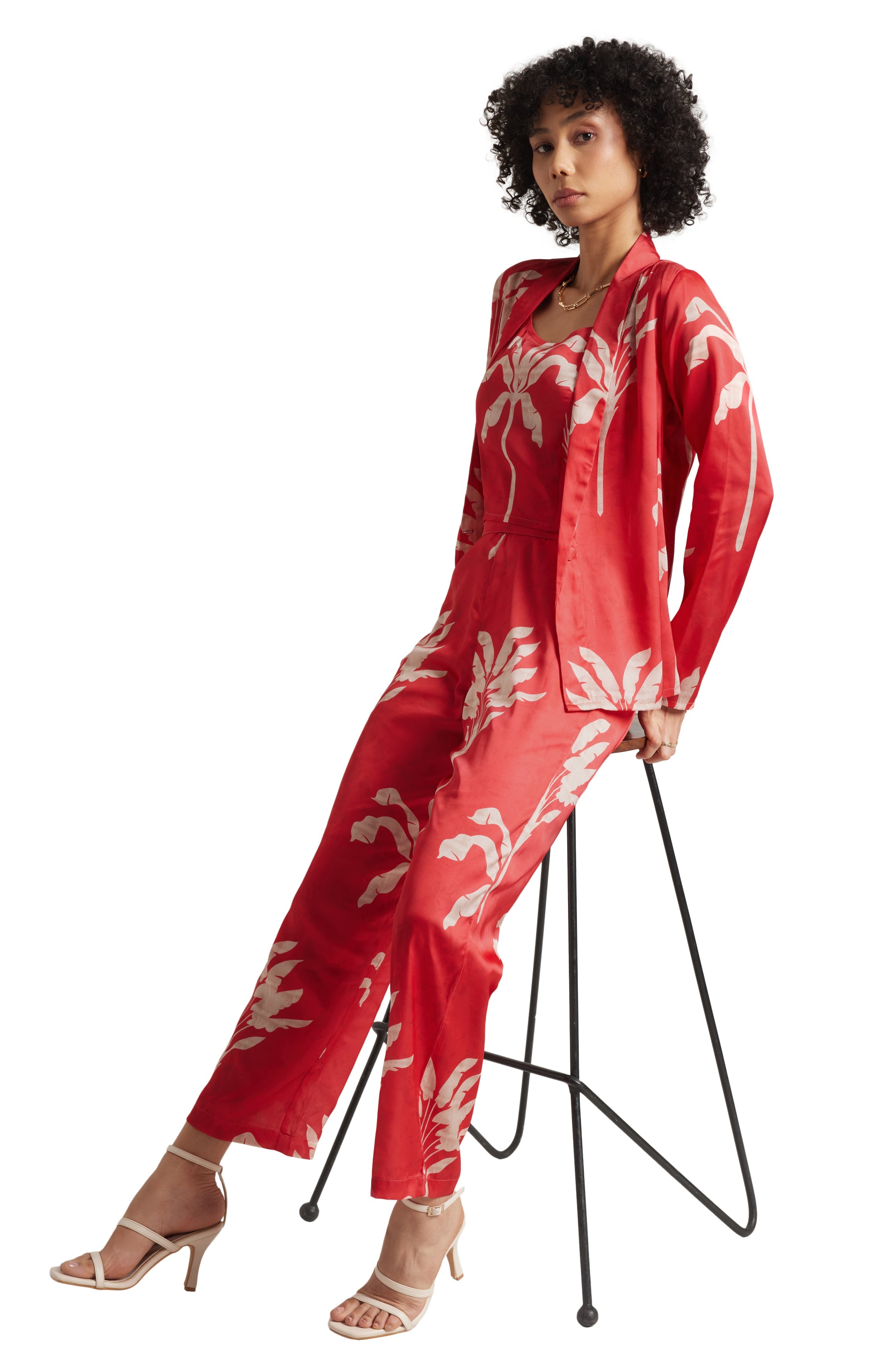 Zaccai Women's Red Satin Printed Co-ord Set | Grocsy