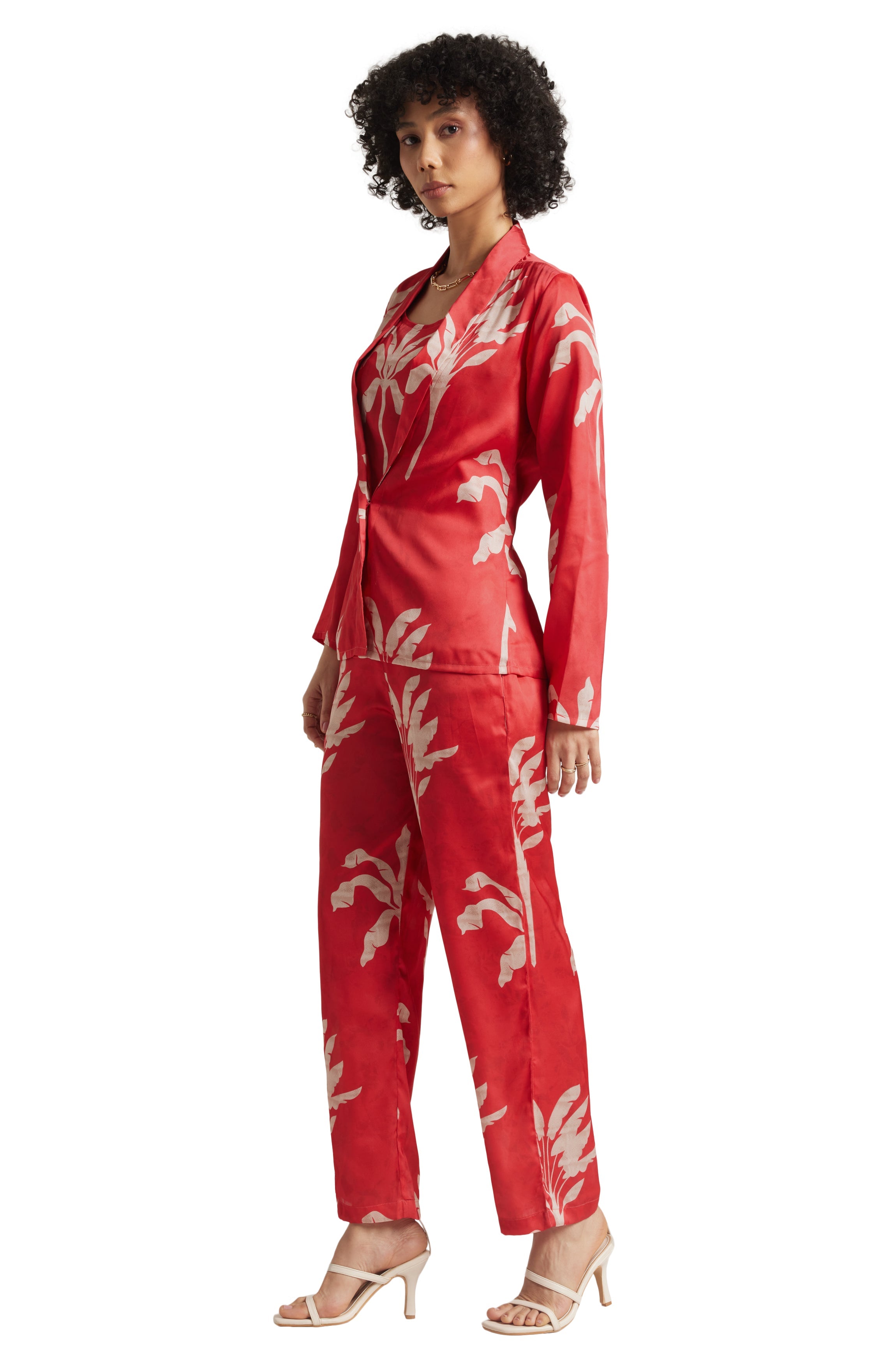 Zaccai Women's Red Satin Printed Co-ord Set | Grocsy
