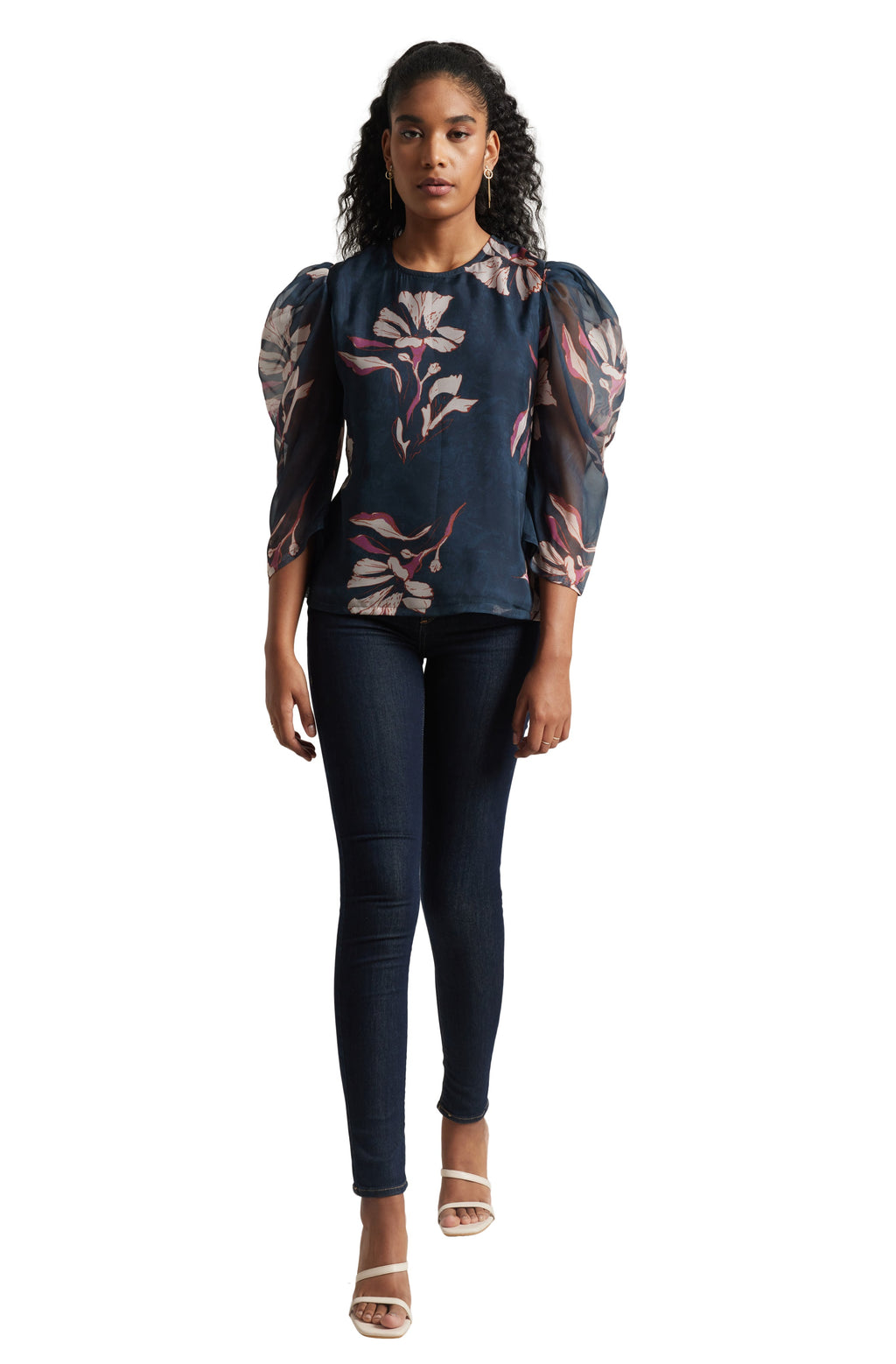 Zaccai Women's Navy Blue Organza Floral Top | Grocsy