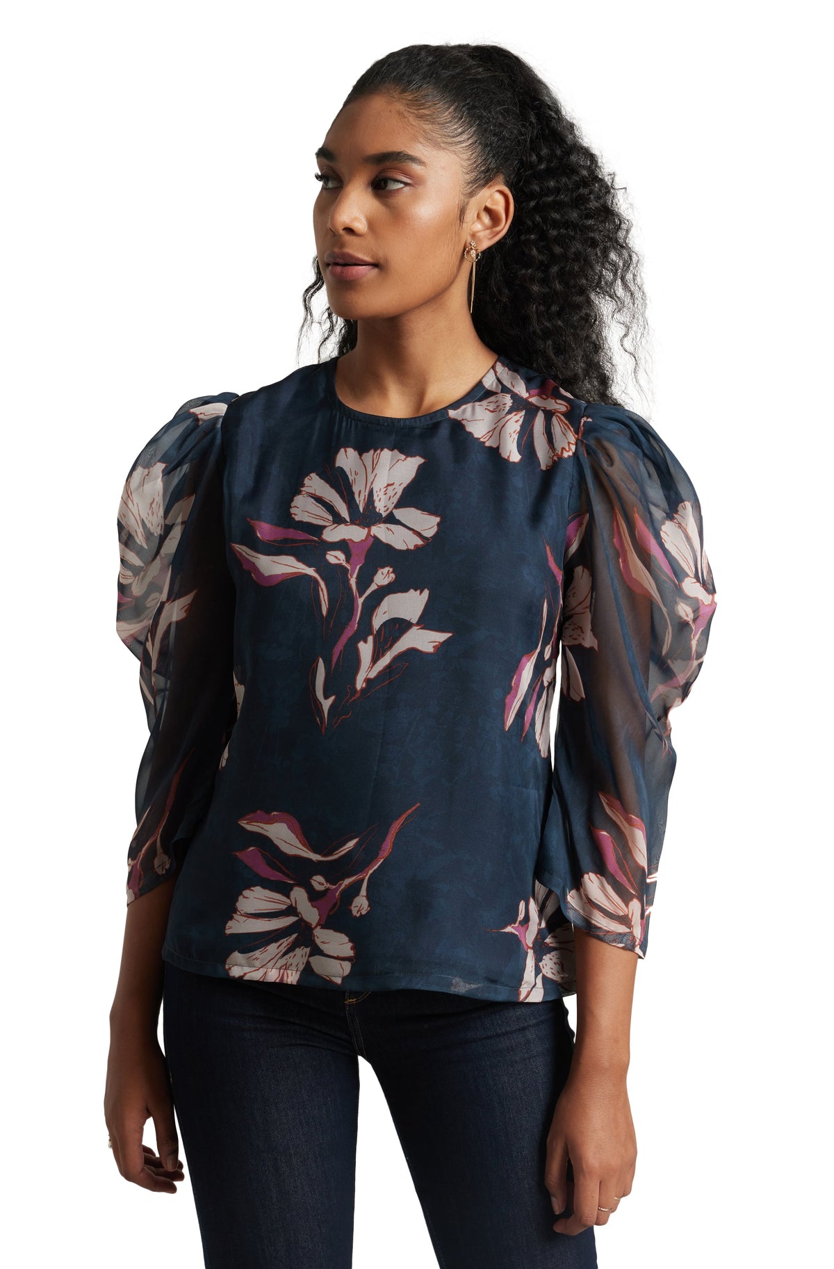 Zaccai Women's Navy Blue Organza Floral Top | Grocsy