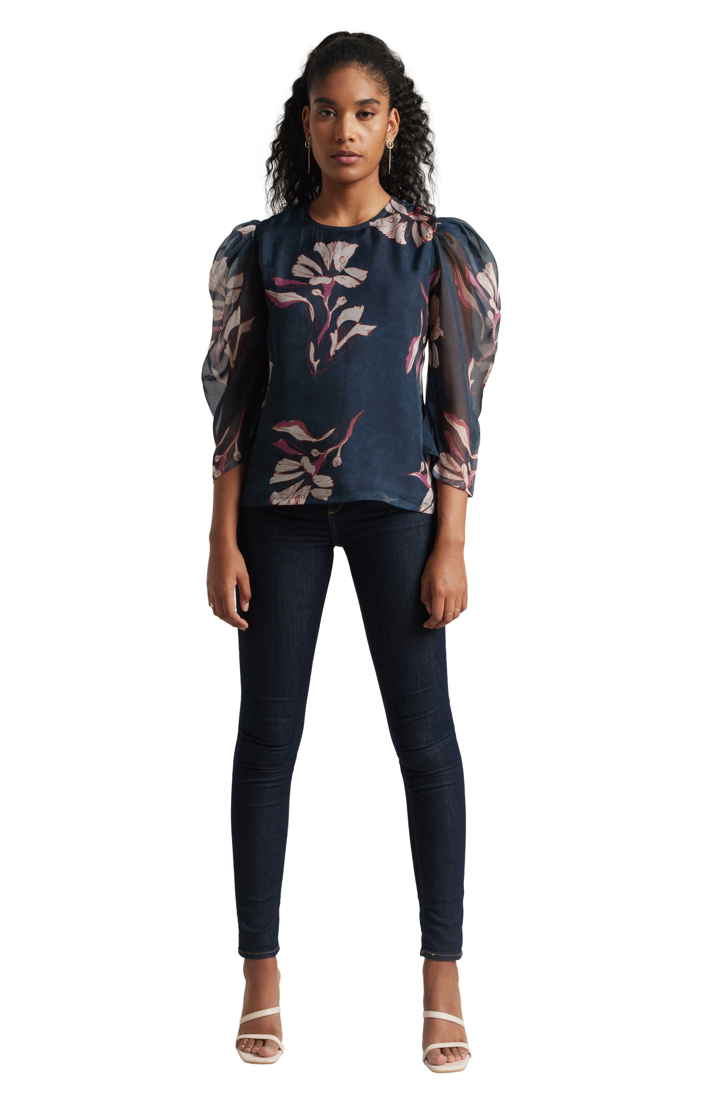 Zaccai Women's Navy Blue Organza Floral Top | Grocsy