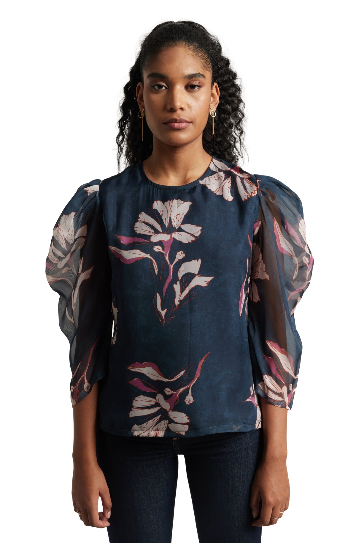 Zaccai Women's Navy Blue Organza Floral Top | Grocsy