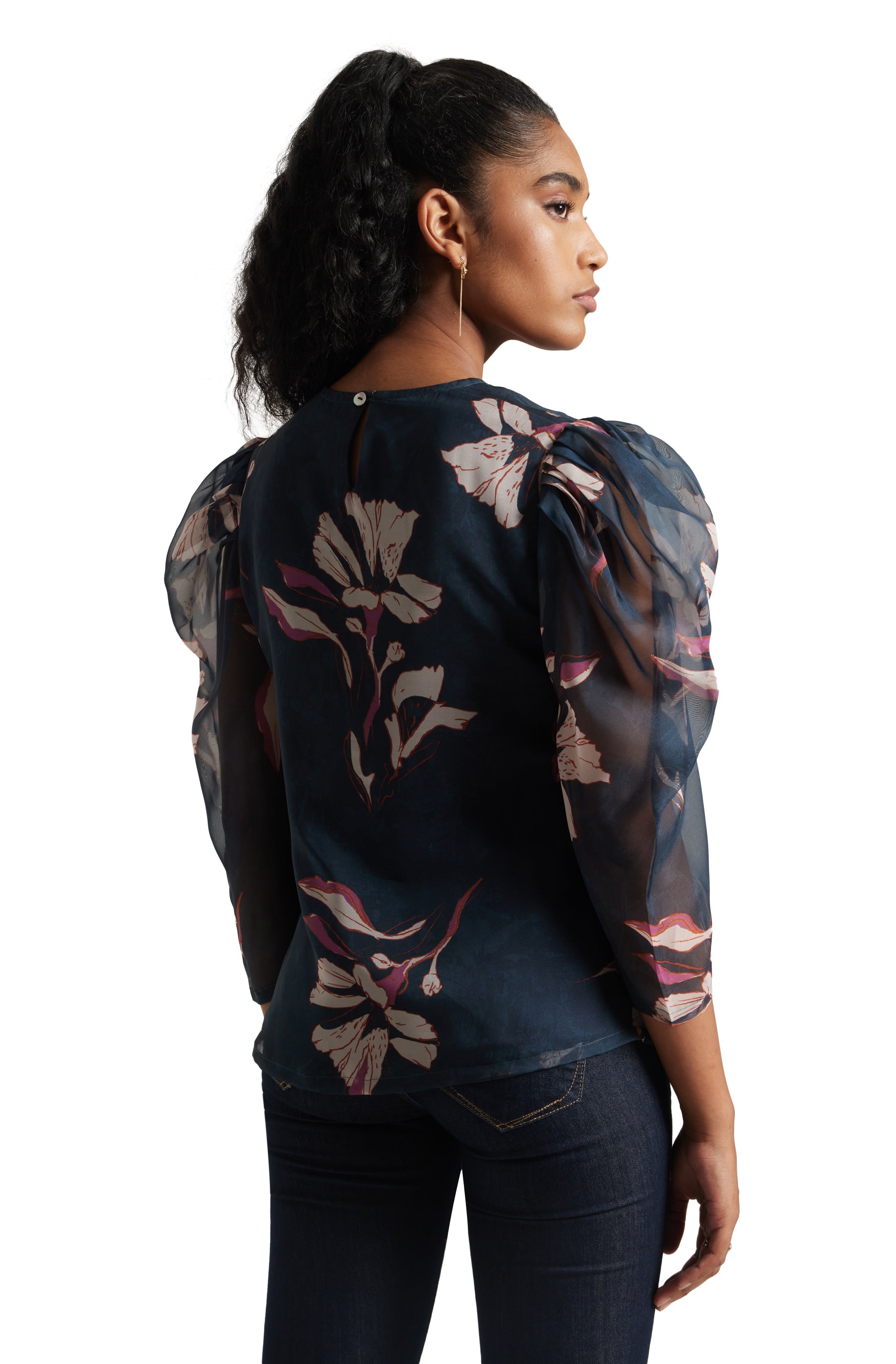 Zaccai Women's Navy Blue Organza Floral Top | Grocsy