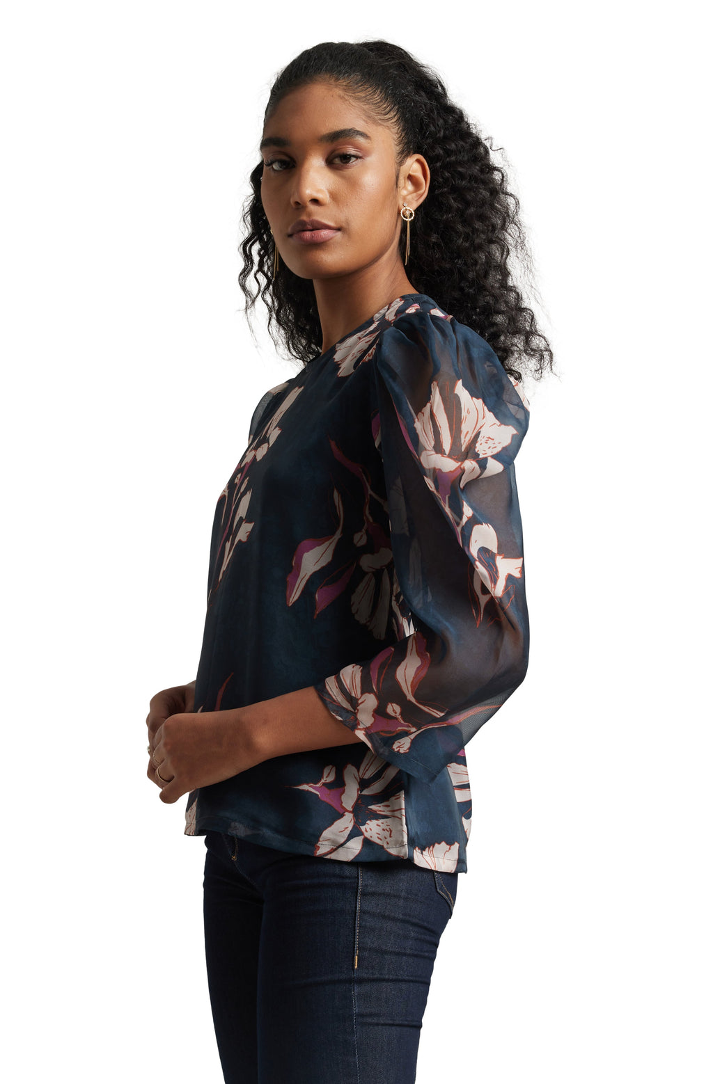 Zaccai Women's Navy Blue Organza Floral Top | Grocsy