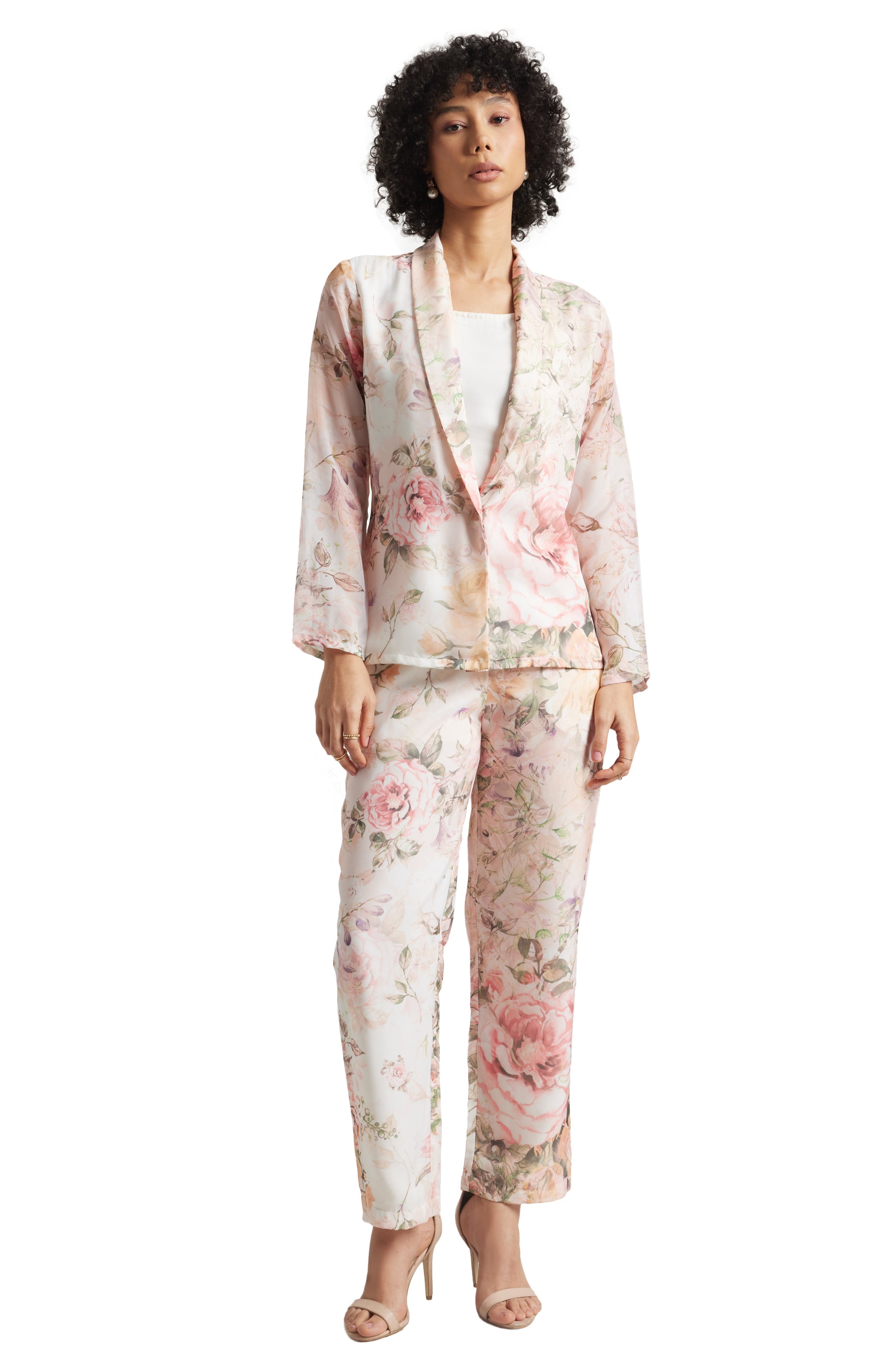 Zaccai Women's Beige Organza Floral Co-ord Set | Grocsy