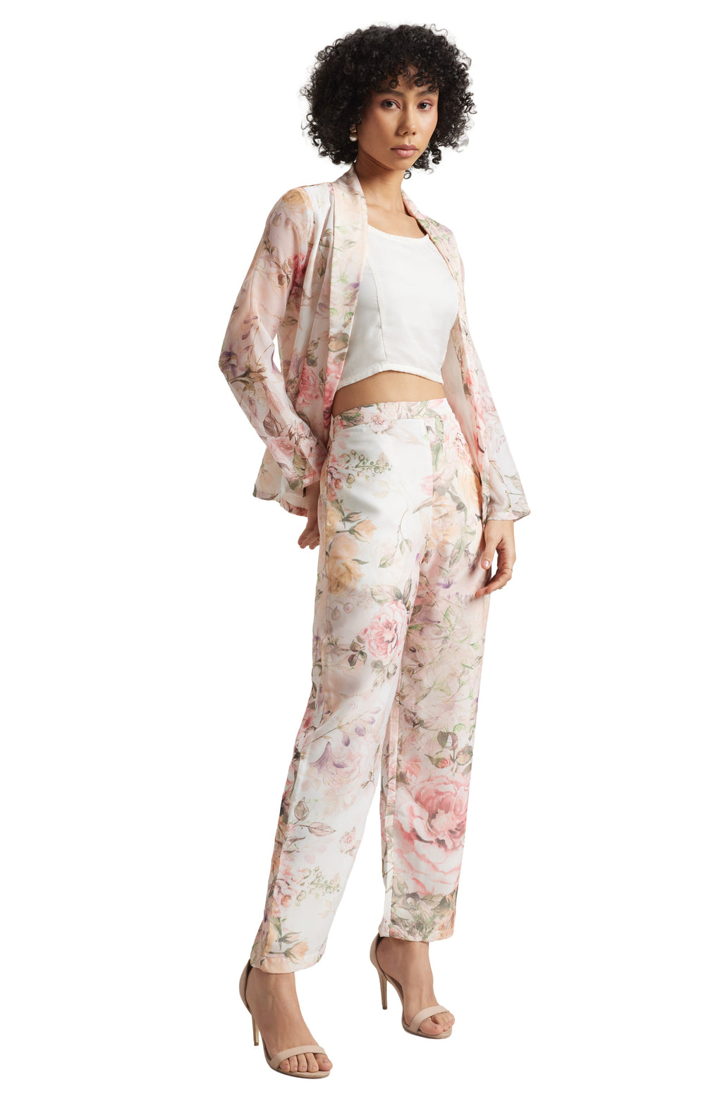 Zaccai Women's Beige Organza Floral Co-ord Set | Grocsy