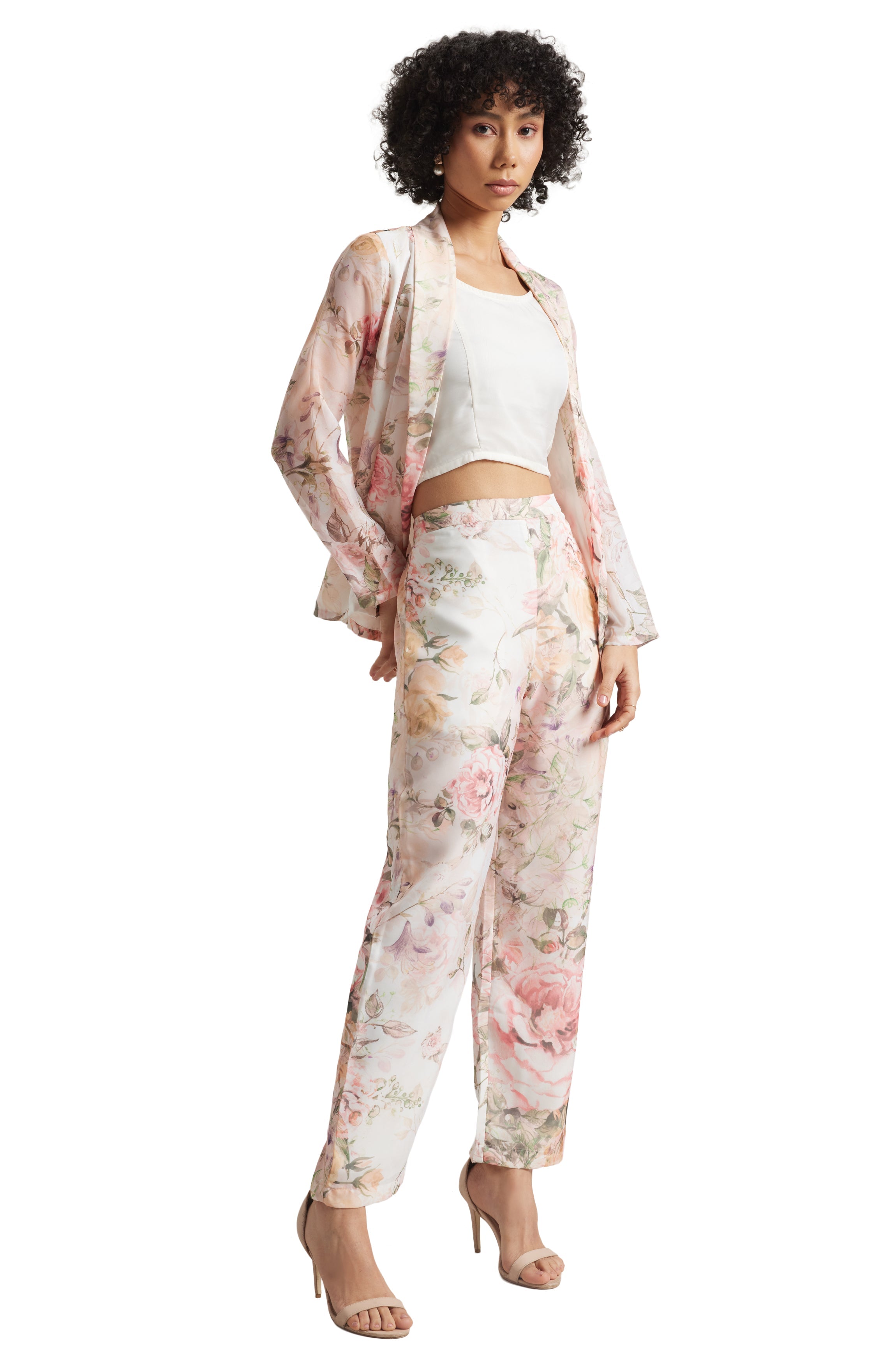 Zaccai Women's Beige Organza Floral Co-ord Set | Grocsy