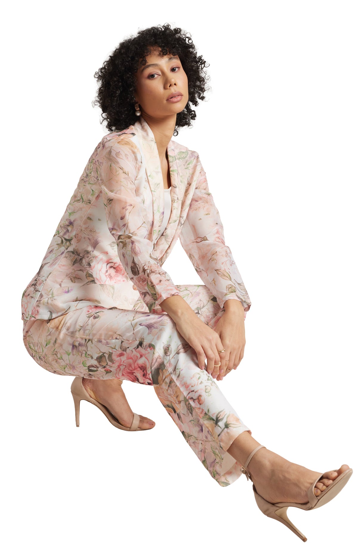 Zaccai Women's Beige Organza Floral Co-ord Set | Grocsy