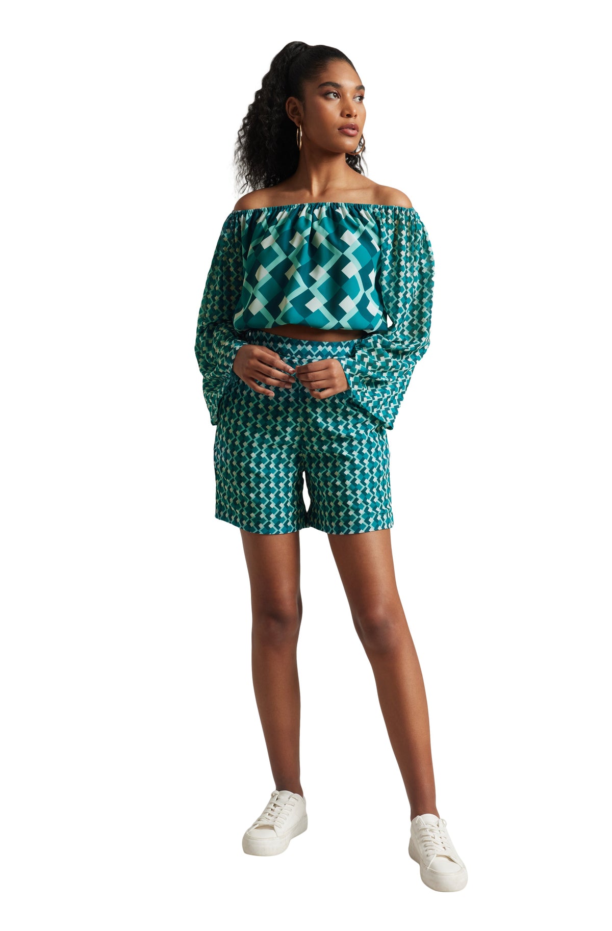 Zaccai Women's Teal Georgette Geometric Co-ord Set | Grocsy