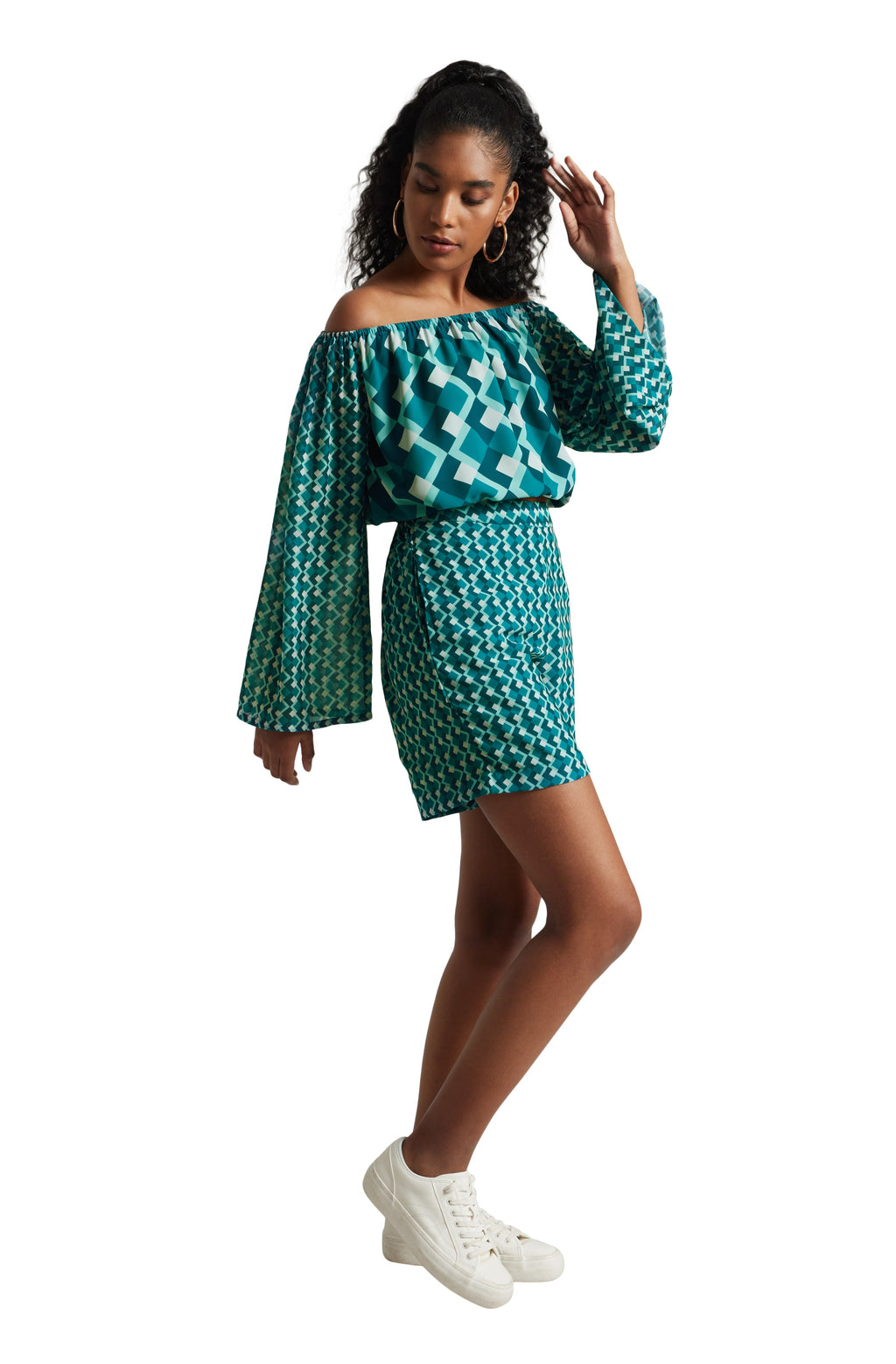Zaccai Women's Teal Georgette Geometric Co-ord Set | Grocsy