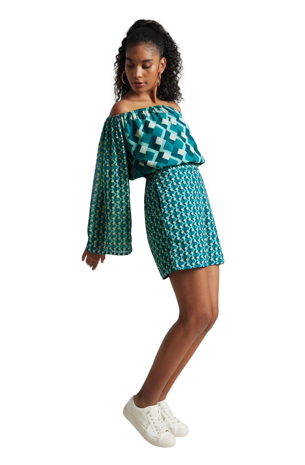 Zaccai Women's Teal Georgette Geometric Co-ord Set | Grocsy
