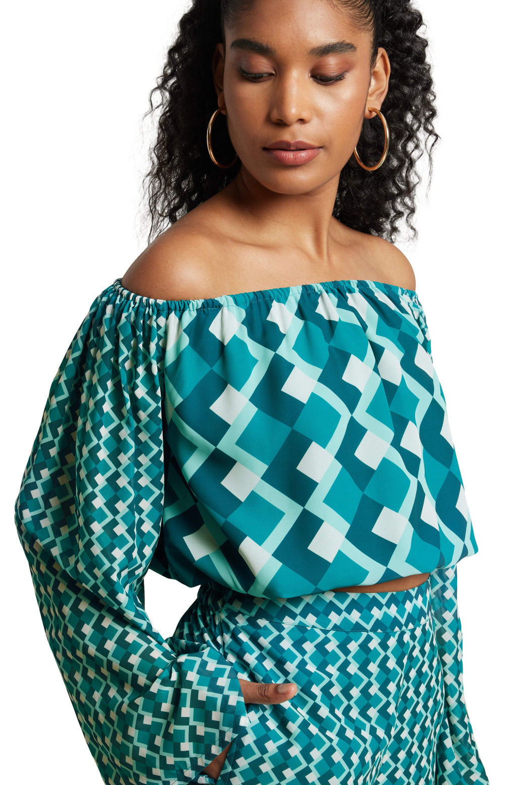 Zaccai Women's Teal Georgette Geometric Co-ord Set | Grocsy