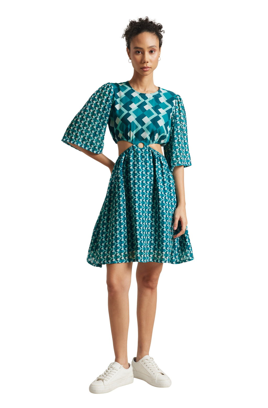 Zaccai Women's Teal Georgette Geometric Dress | Grocsy