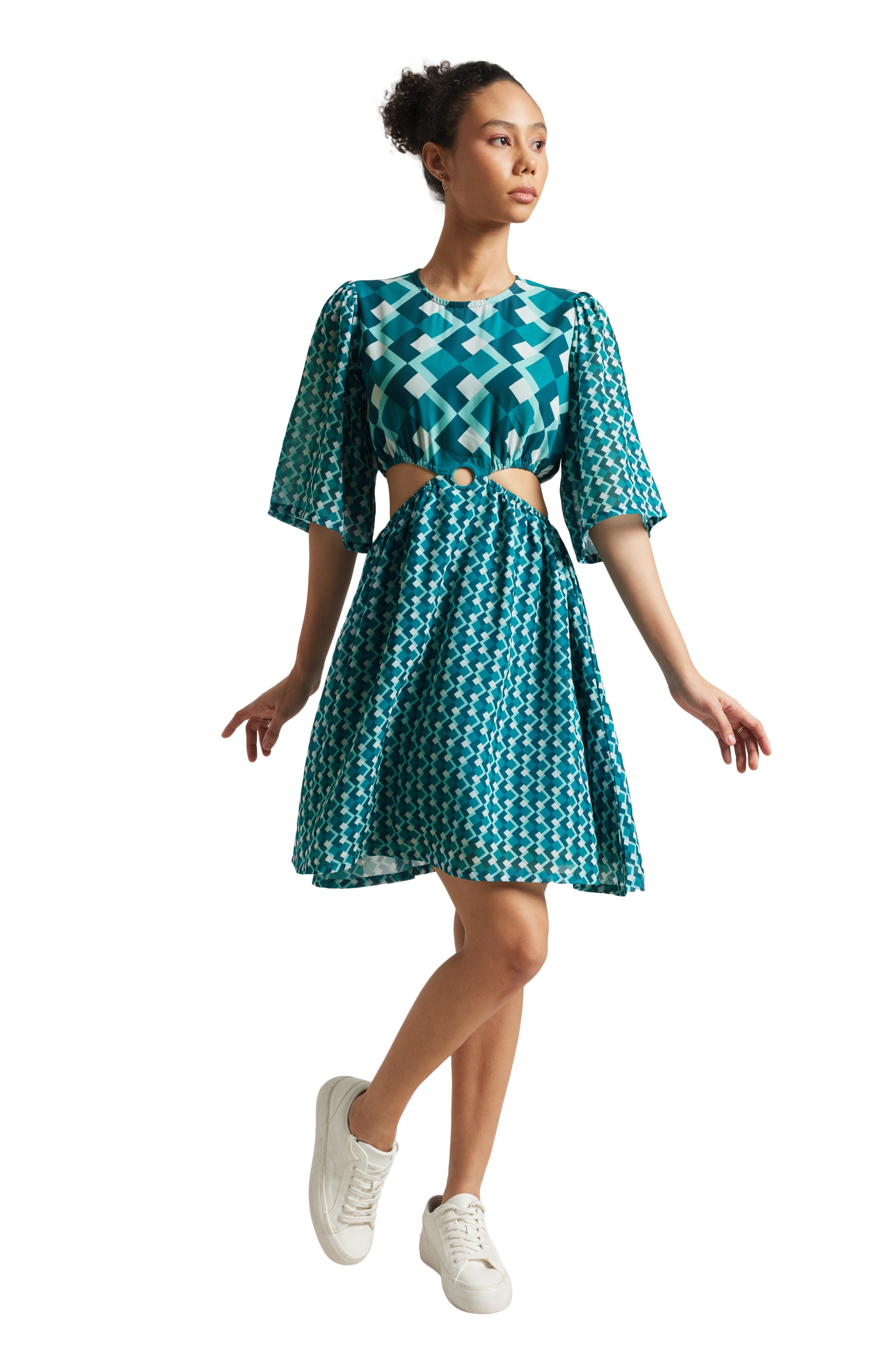 Zaccai Women's Teal Georgette Geometric Dress | Grocsy