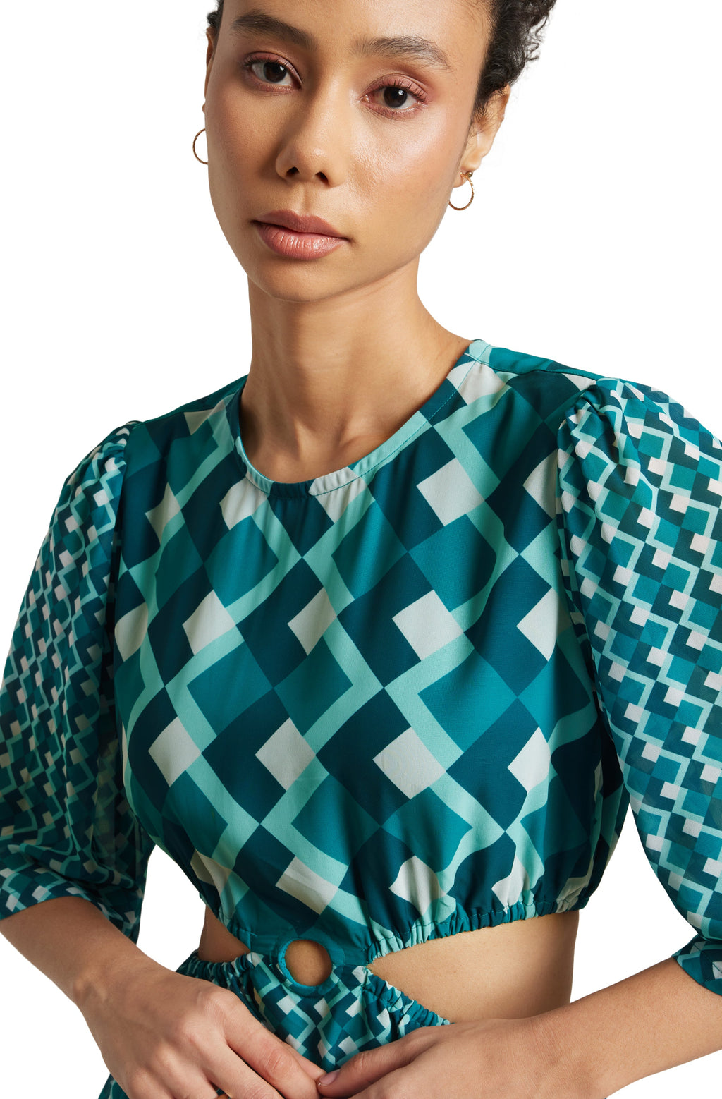 Zaccai Women's Teal Georgette Geometric Dress | Grocsy