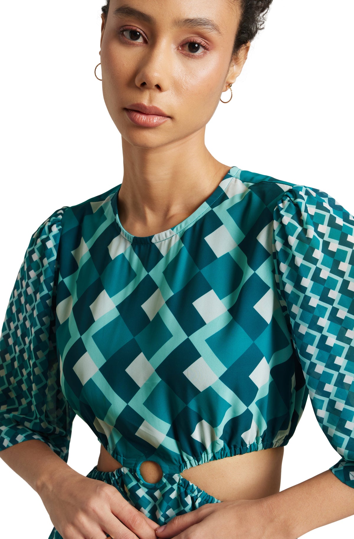 Zaccai Women's Teal Georgette Geometric Dress | Grocsy