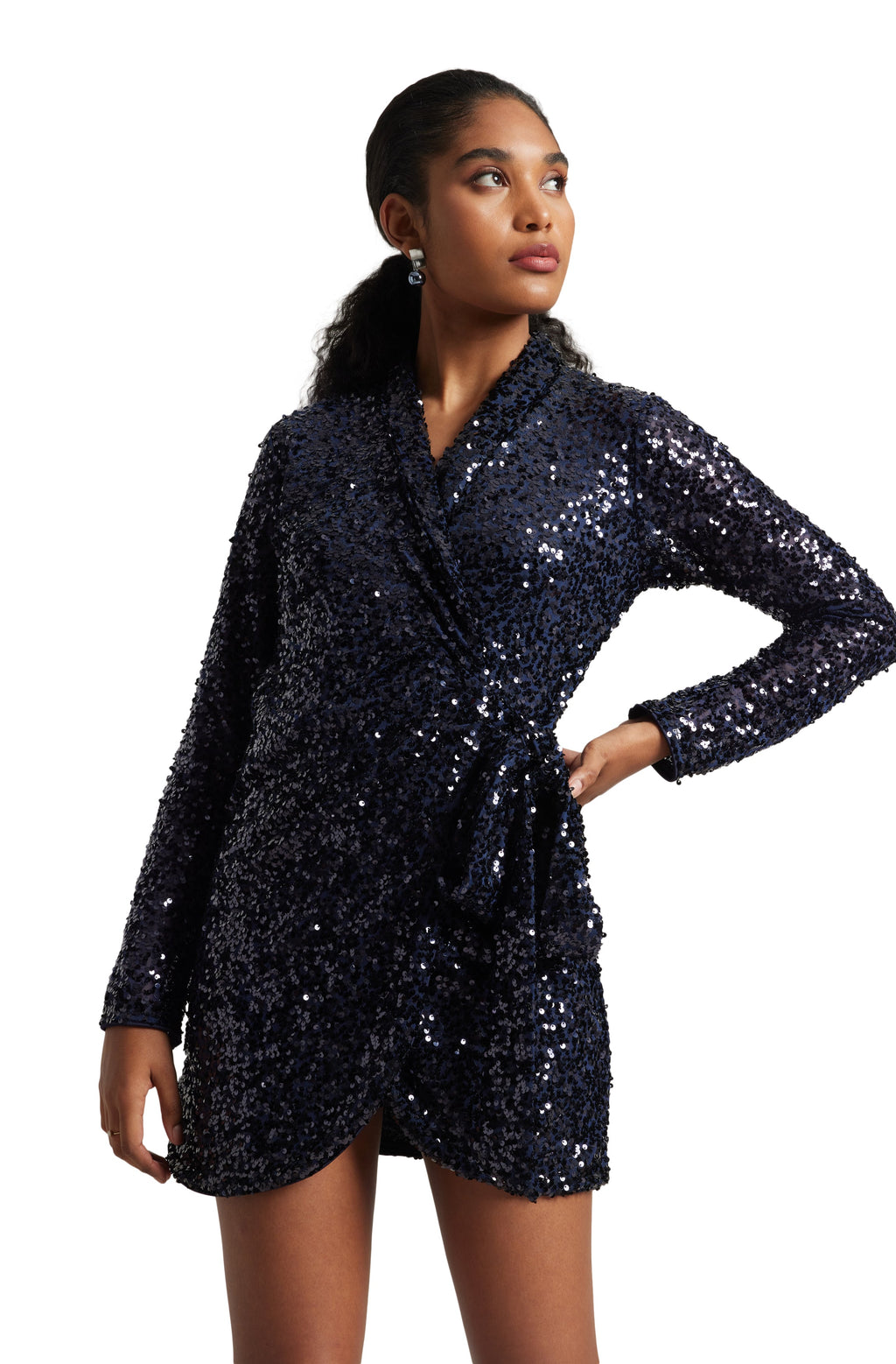 Zaccai Women's Navy Blue Poly Elastane Sequined Dress | Grocsy