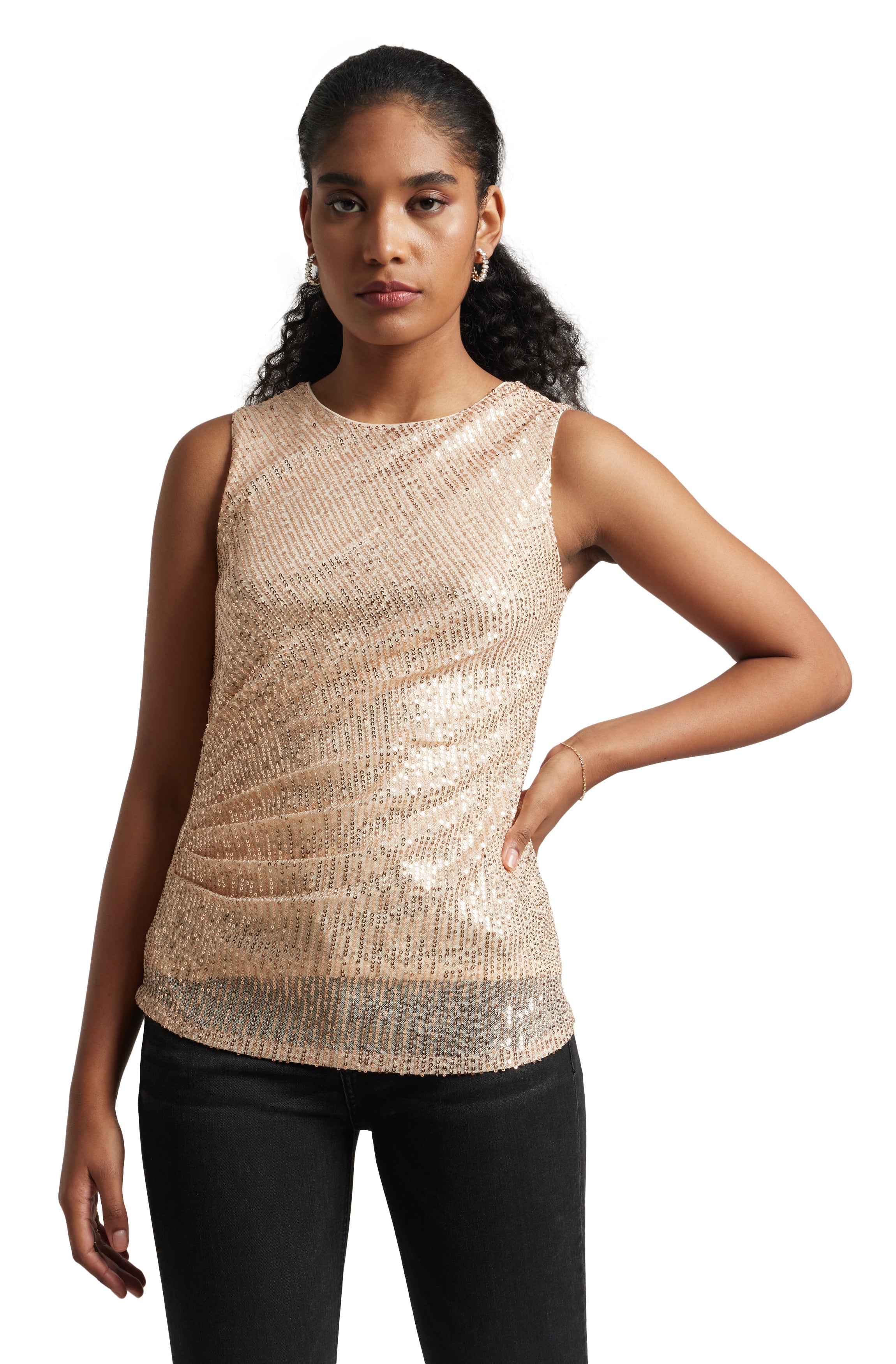 Zaccai Women's Champagne Poly Elastane Sequined Top | Grocsy