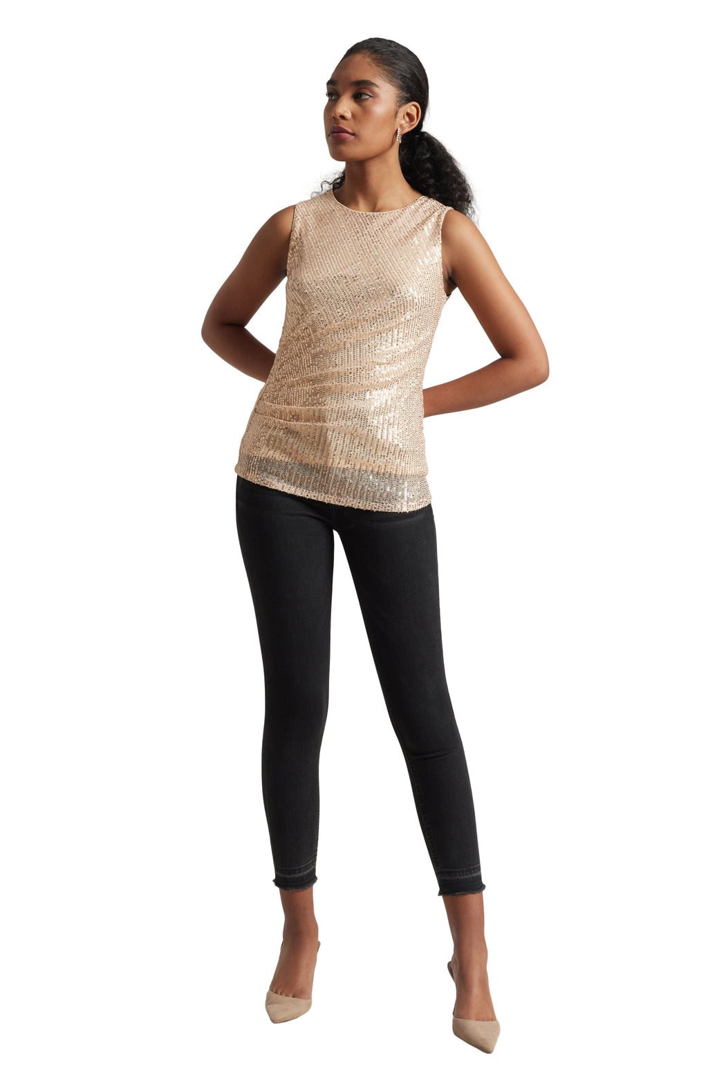 Zaccai Women's Champagne Poly Elastane Sequined Top | Grocsy