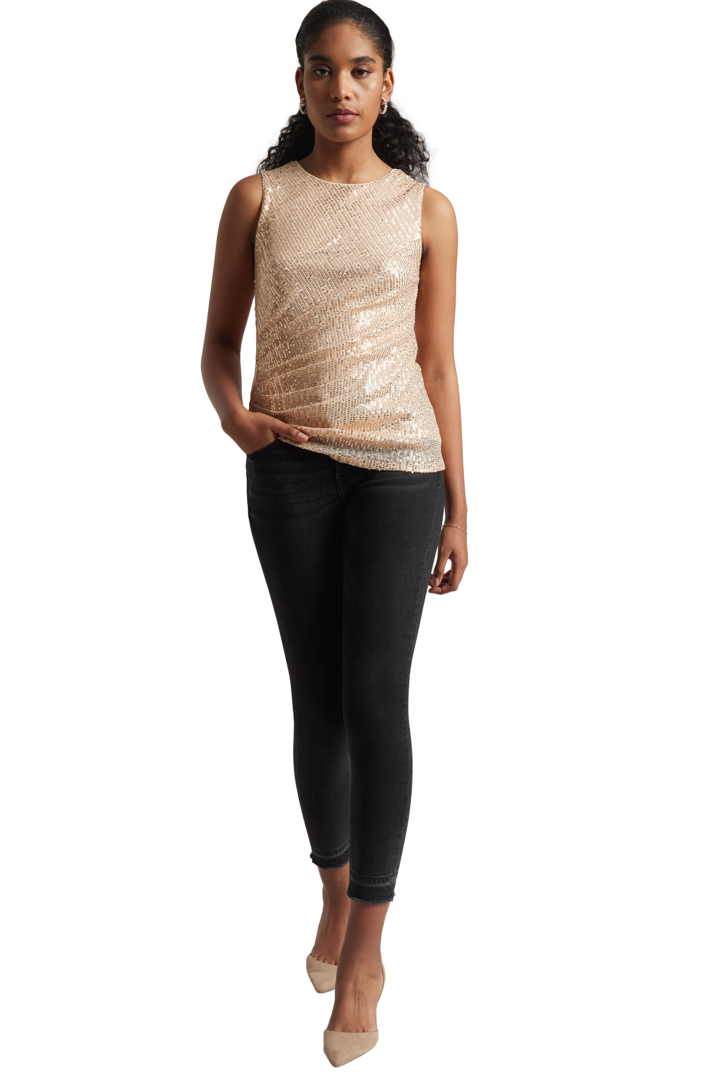 Zaccai Women's Champagne Poly Elastane Sequined Top | Grocsy