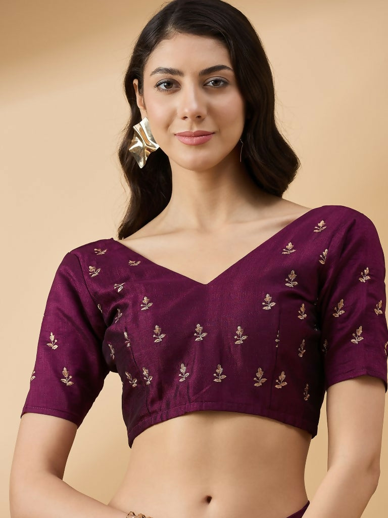 Purple Silk Blend Embroidered Saree with Unstitched Blouse - Vairagi | Grocsy