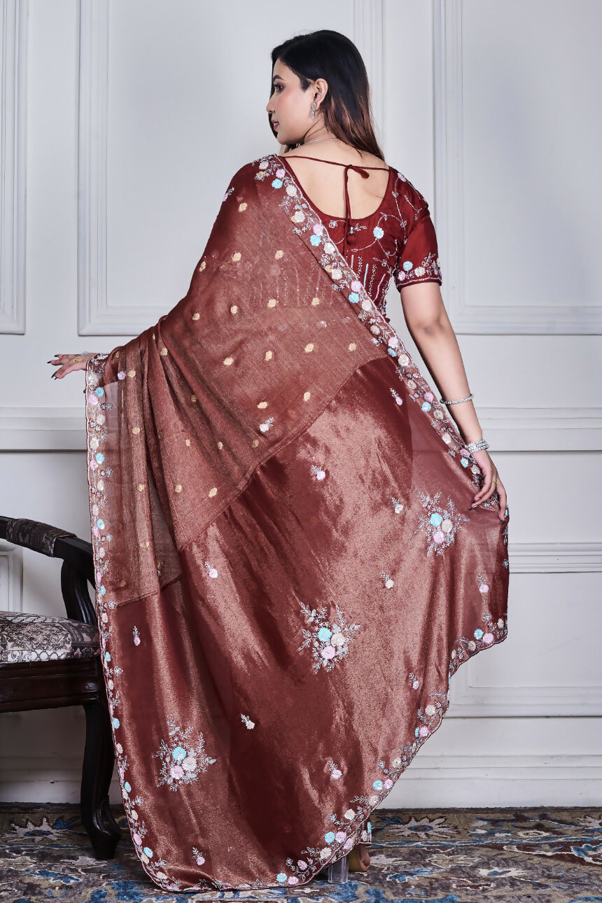 Morchari Brown Pure Chiffon Hand Embroidery Saree And Stitched Blouse | Grocsy