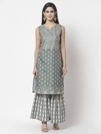 Myshka Women Grey Cotton Blend Printed Sleeveless Round Neck Kurta With Sharara & Dupatta Set | Grocsy