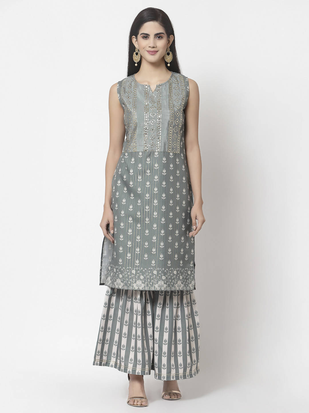 Myshka Women Grey Cotton Blend Printed Sleeveless Round Neck Kurta With Sharara & Dupatta Set | Grocsy