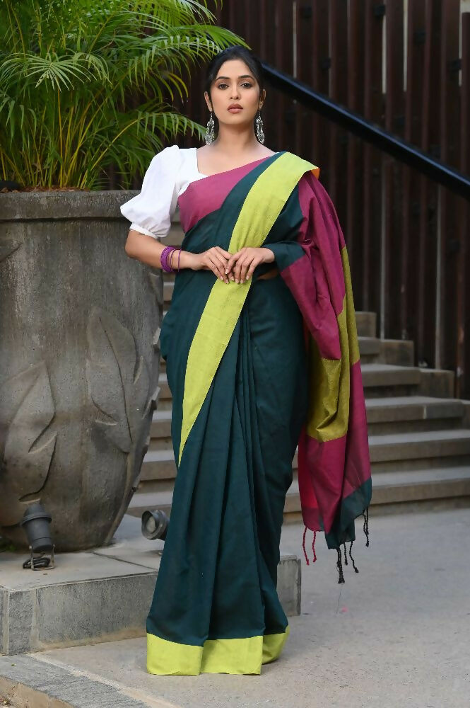 Beatitude Green Cotton Handloom Saree | Grocsy