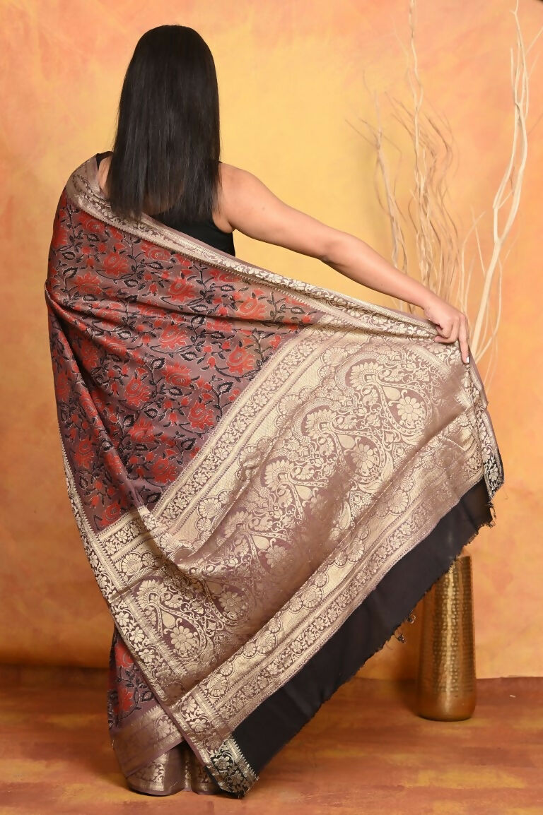 Very Much Indian Modal Silk Ajrakh Handblock Printed Natural Dyes With Designer Border Saree - Maroon | Grocsy