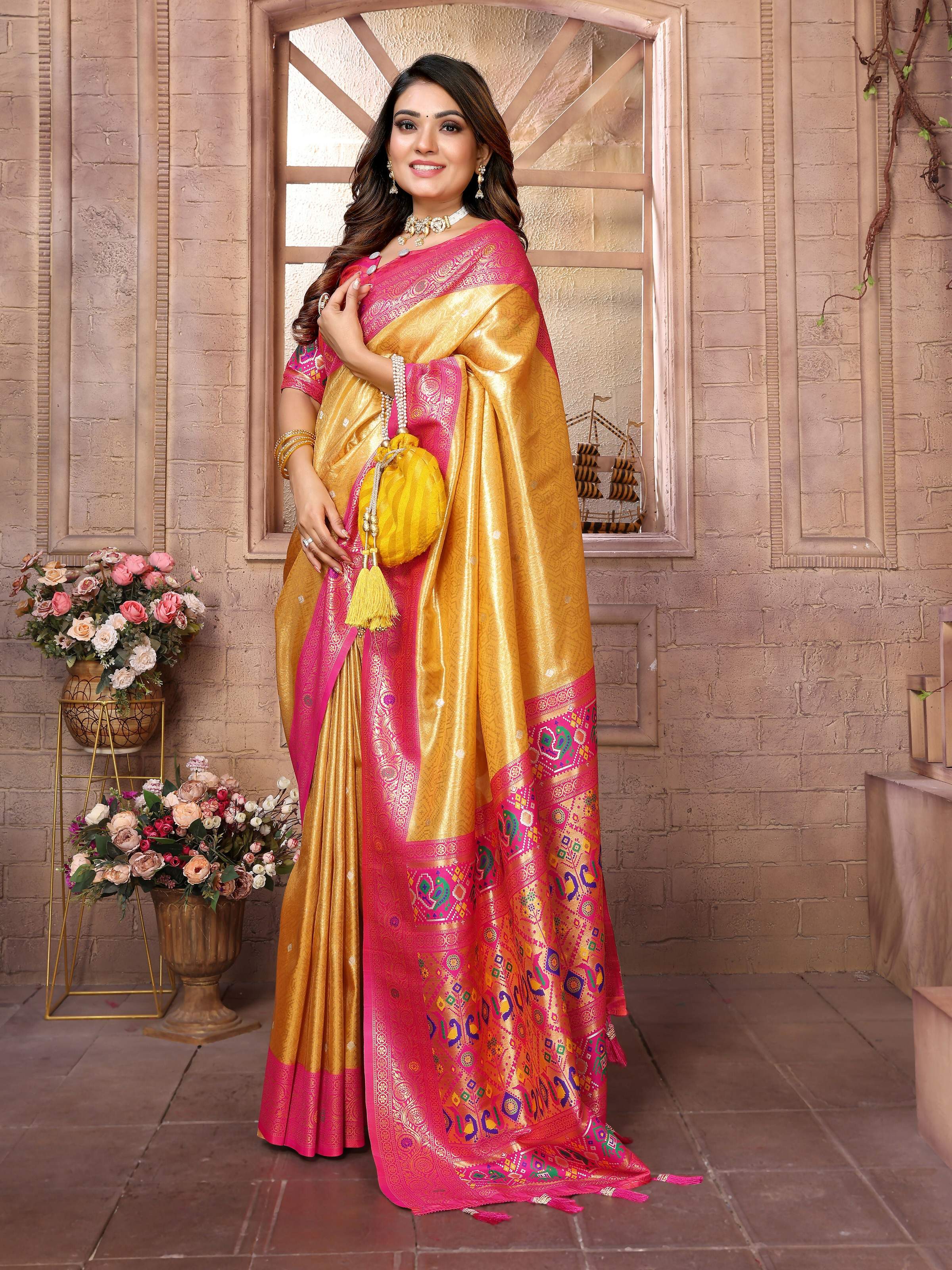 Aastha Fashion Yellow Banarasi Tissue Silk Weaving Saree | Grocsy