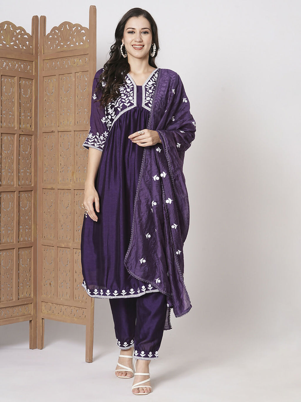 Purple Vichitra Silk Embroidery Work Kurta Set - Riya | Grocsy