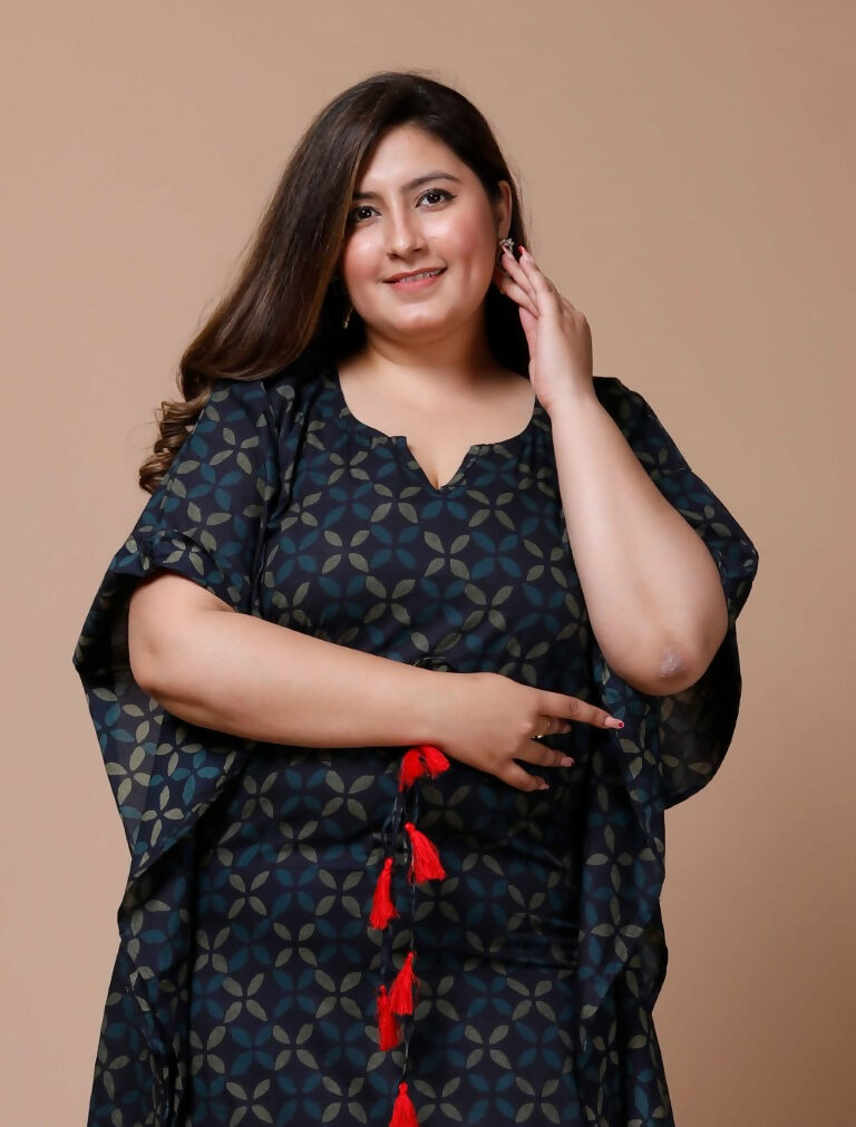 Miravan Women's Plus Size Navy Blue Printed Flared Sleeves Kaftan | Grocsy