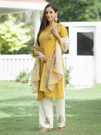 Juniper Mustard Mono Viscose Festive Wear Embroidered Straight Kurta Palazzo Dupatta Set | Grocsy