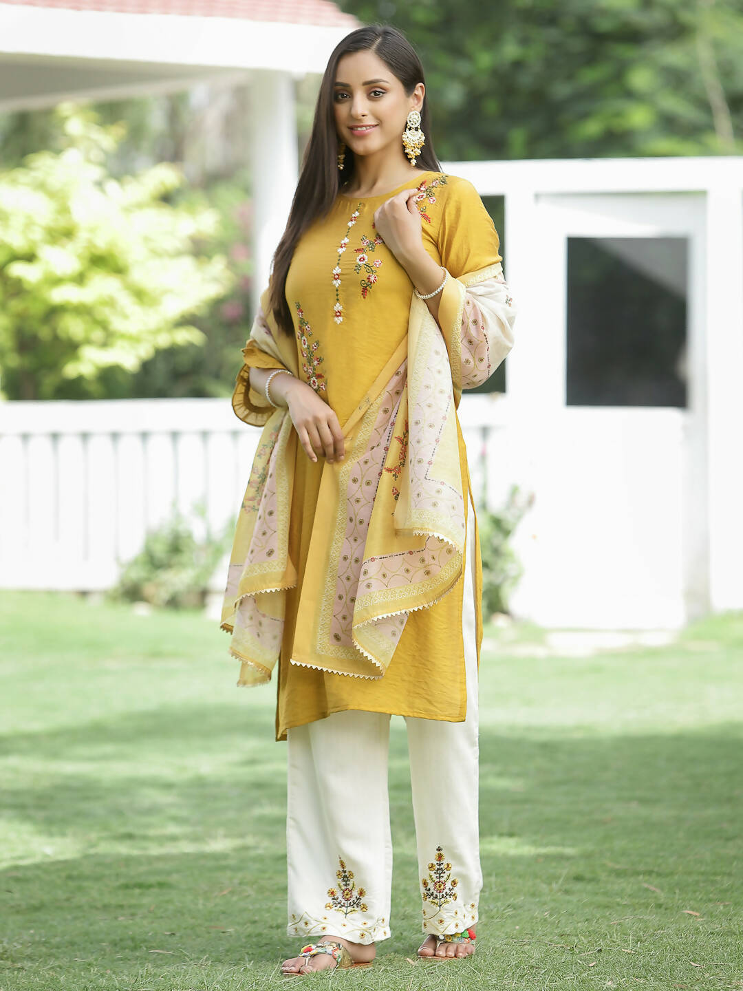 Juniper Mustard Mono Viscose Festive Wear Embroidered Straight Kurta Palazzo Dupatta Set | Grocsy