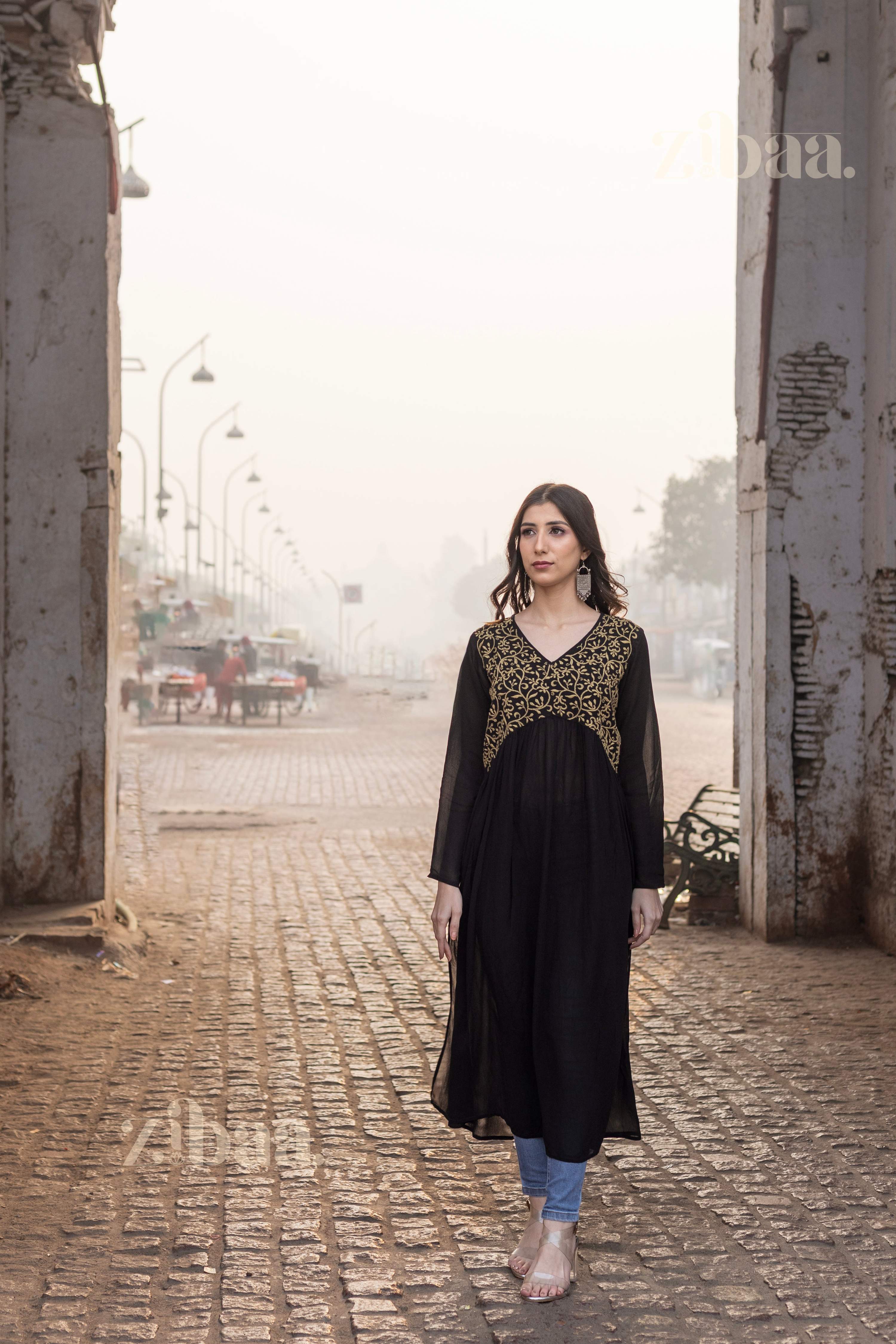 Zibaa Black Georgette Nyra Cut Chikankari Kurti | Grocsy