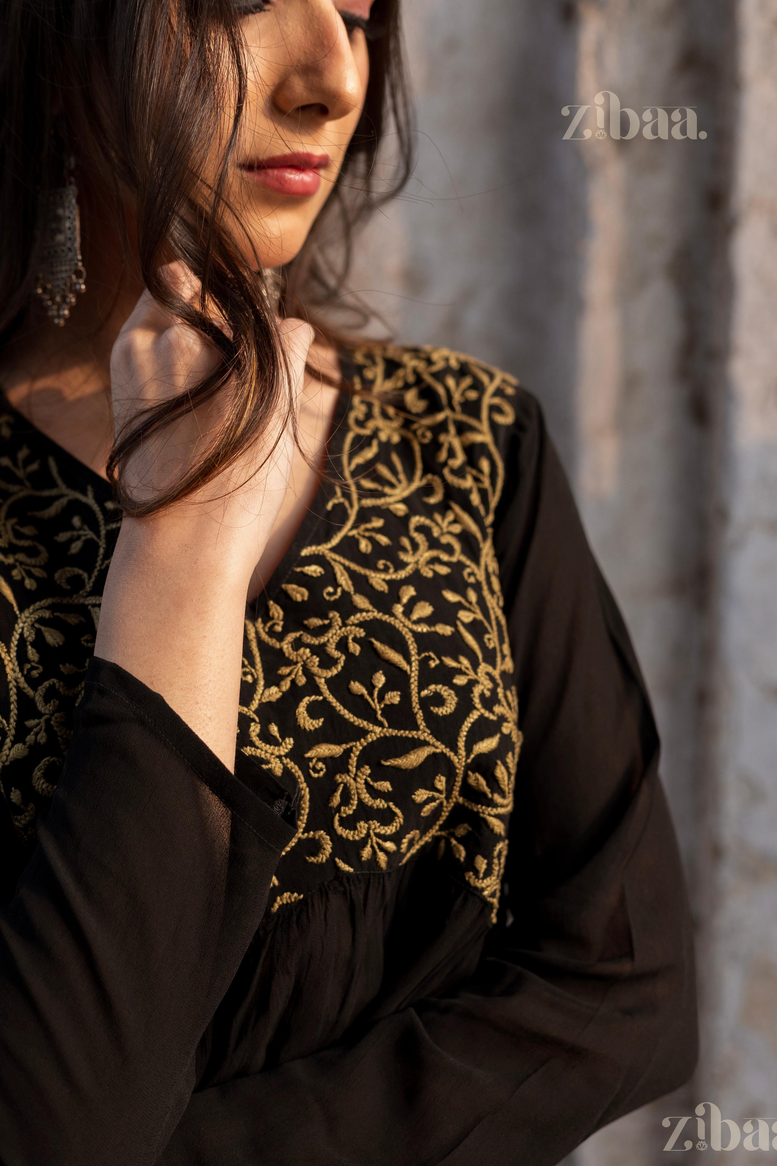 Zibaa Black Georgette Nyra Cut Chikankari Kurti | Grocsy