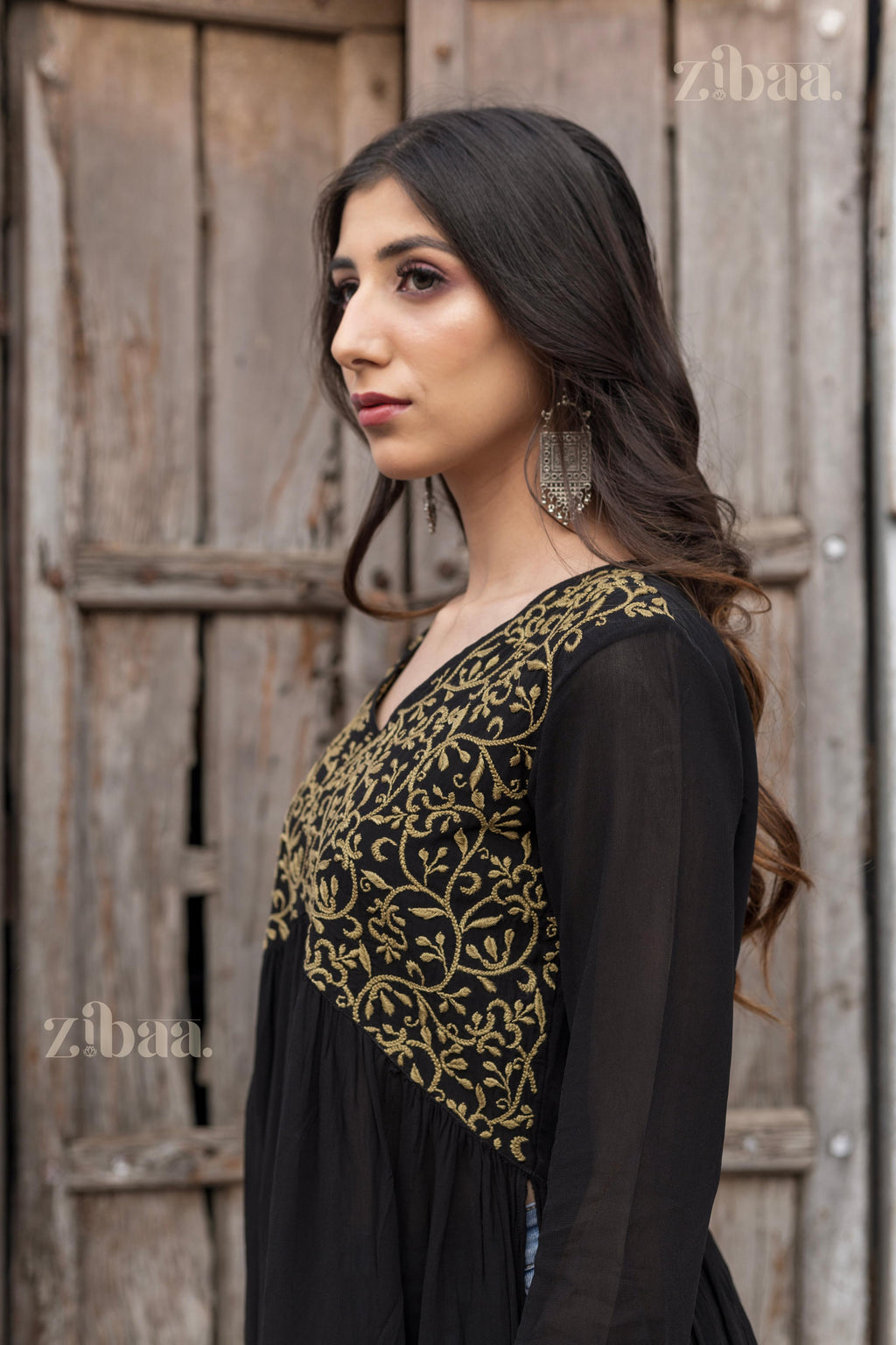 Zibaa Black Georgette Nyra Cut Chikankari Kurti | Grocsy