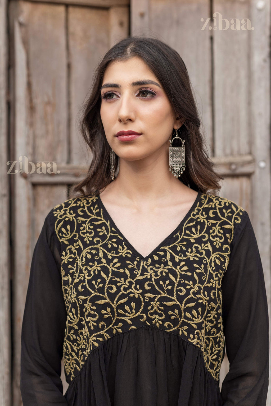 Zibaa Black Georgette Nyra Cut Chikankari Kurti | Grocsy
