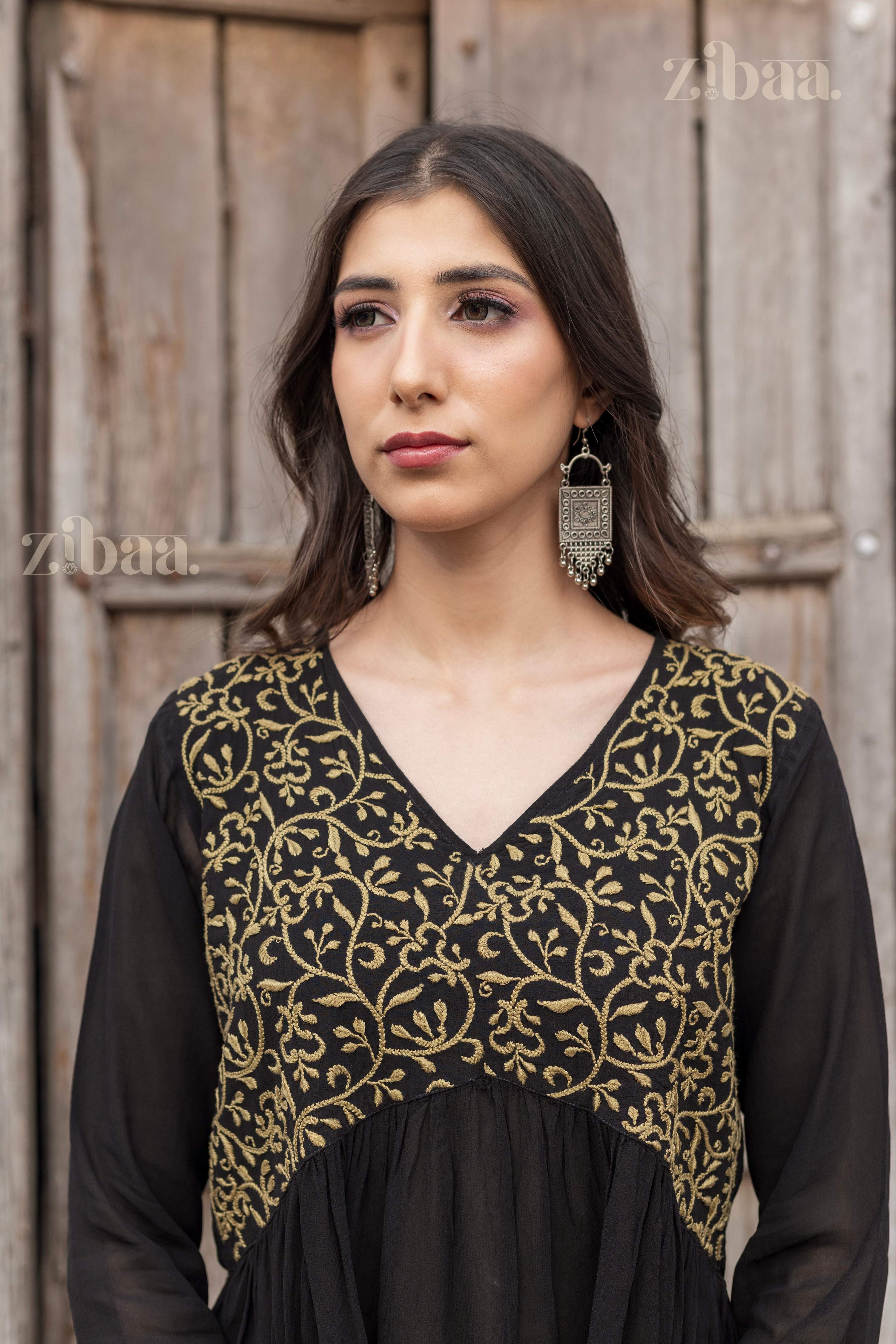 Zibaa Black Georgette Nyra Cut Chikankari Kurti | Grocsy