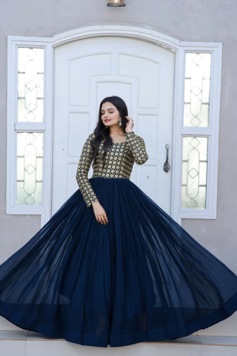 Jyoti Fashion Women's Navy Blue Sequence Zari Embroidered Faux Blooming Anarkali Dress | Grocsy