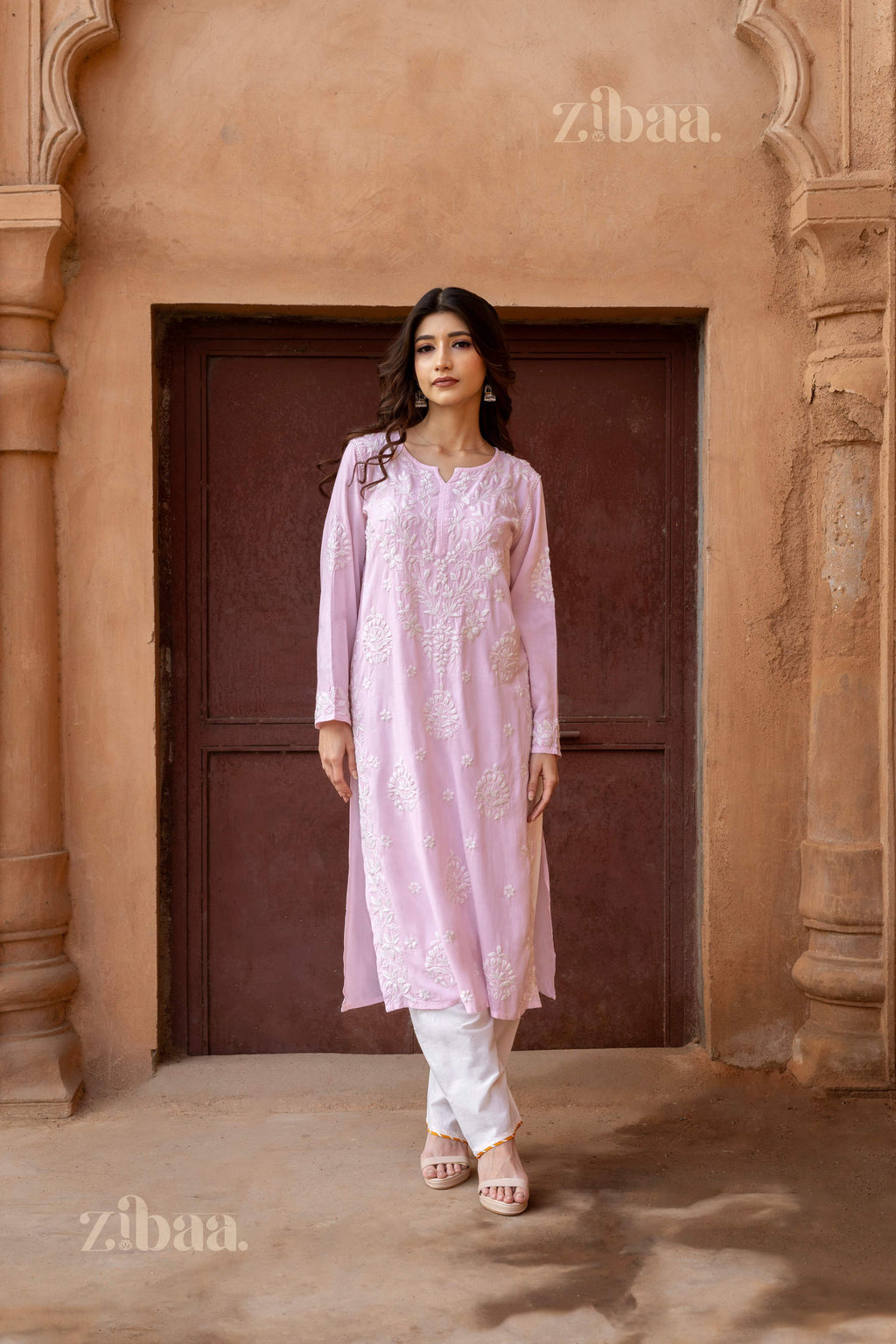 Zibaa Modal Blush Pink Long Chikankari Kurti | Grocsy