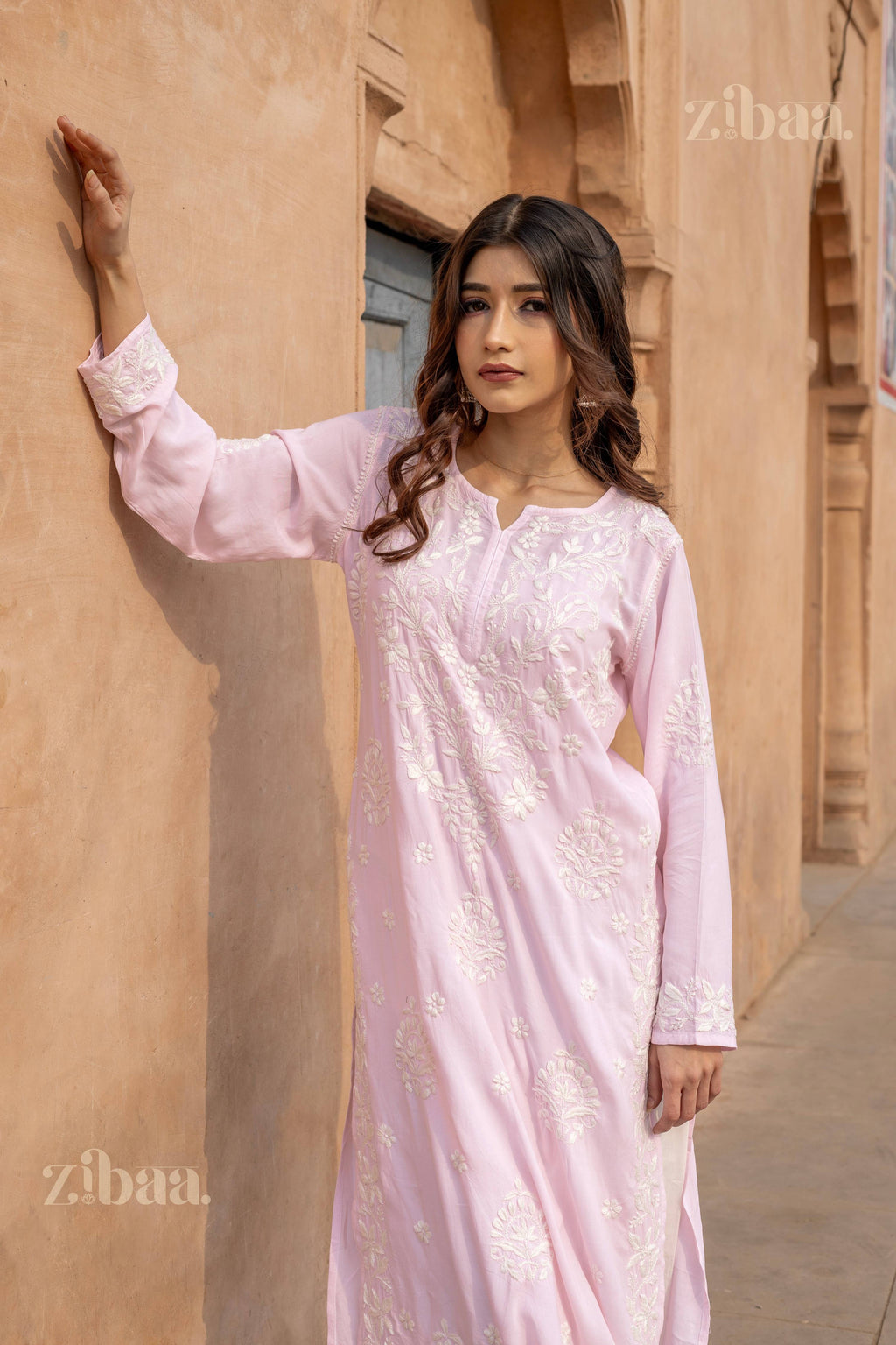 Zibaa Modal Blush Pink Long Chikankari Kurti | Grocsy