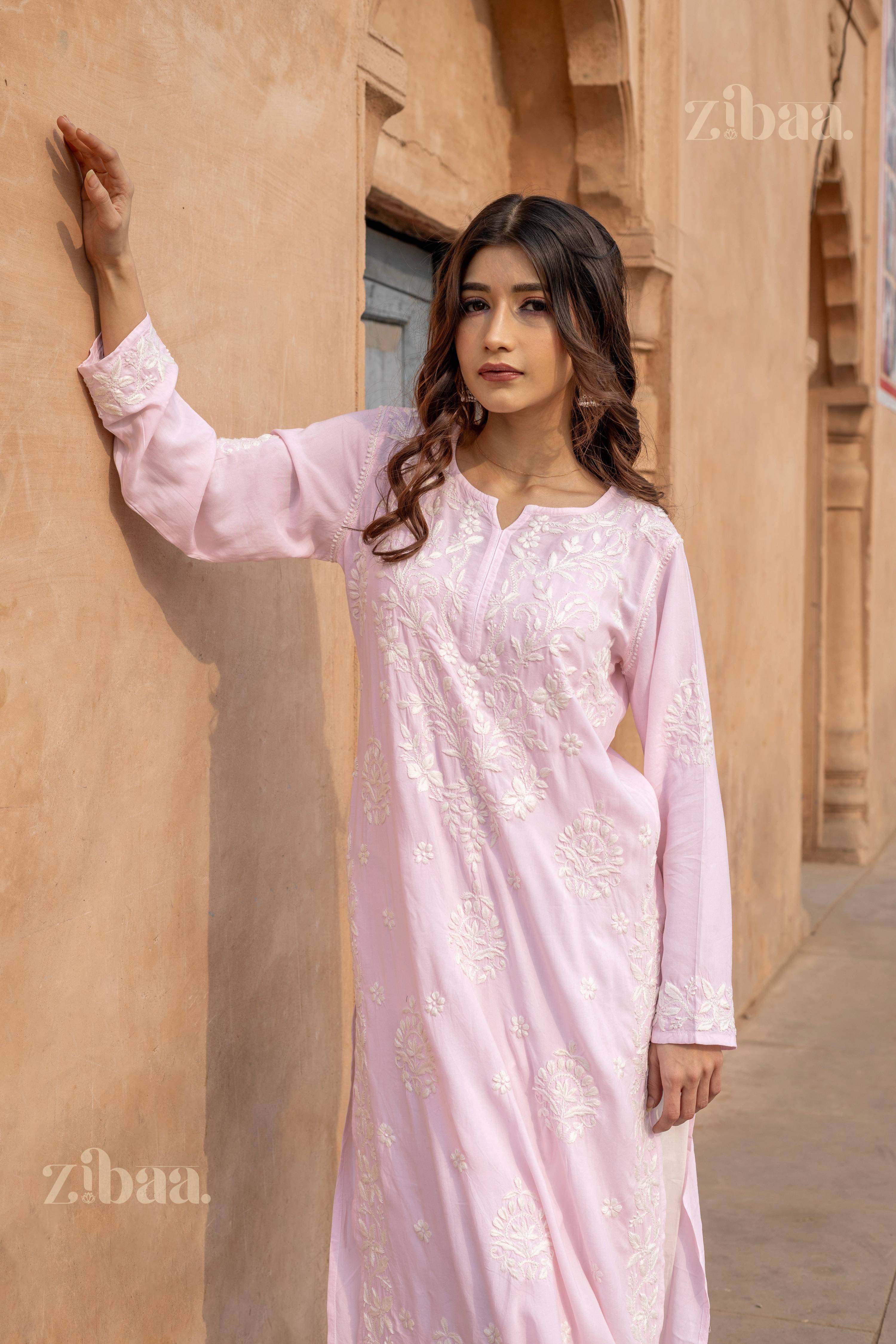 Zibaa Modal Blush Pink Long Chikankari Kurti | Grocsy