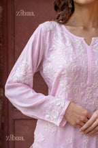Zibaa Modal Blush Pink Long Chikankari Kurti | Grocsy