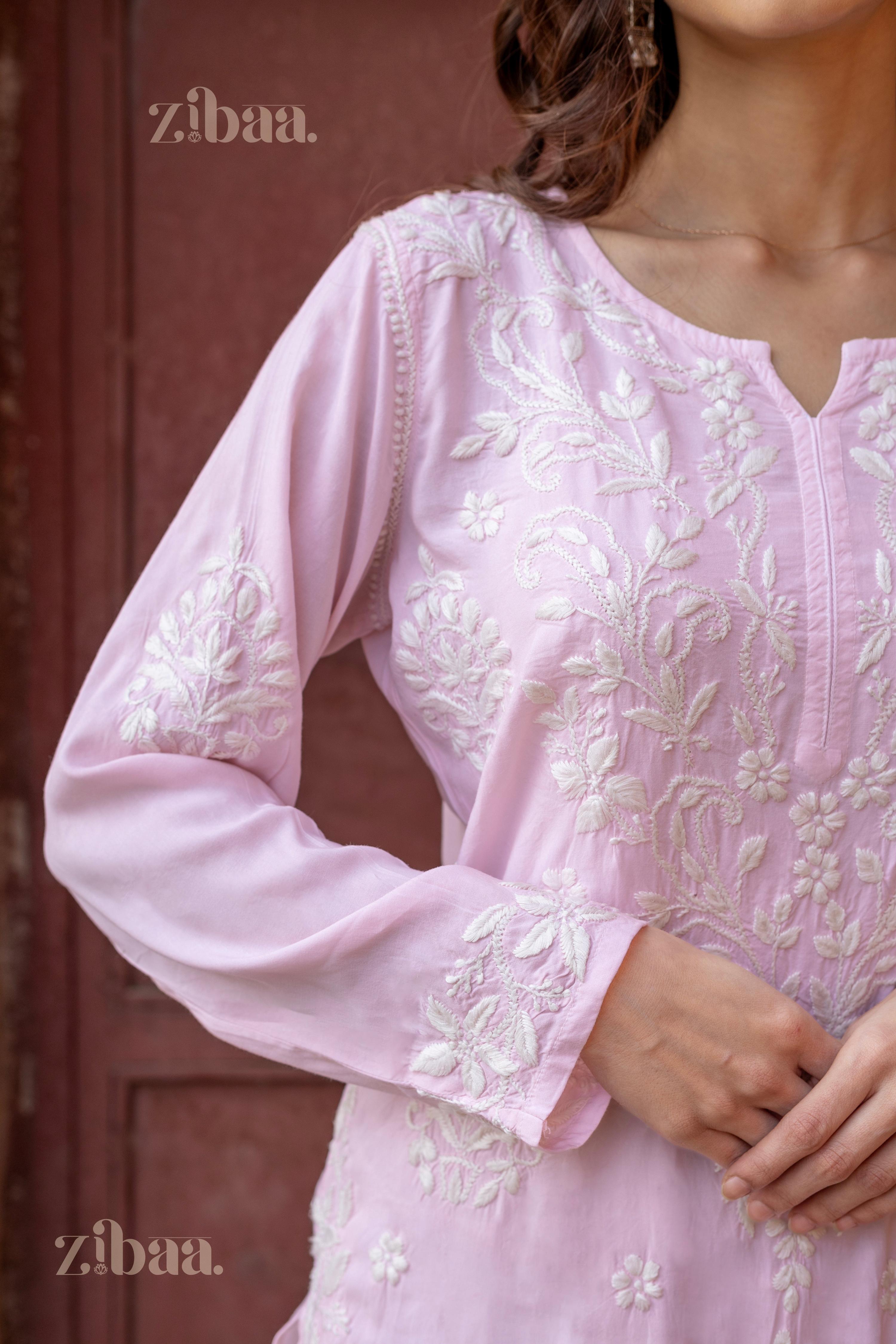 Zibaa Modal Blush Pink Long Chikankari Kurti | Grocsy