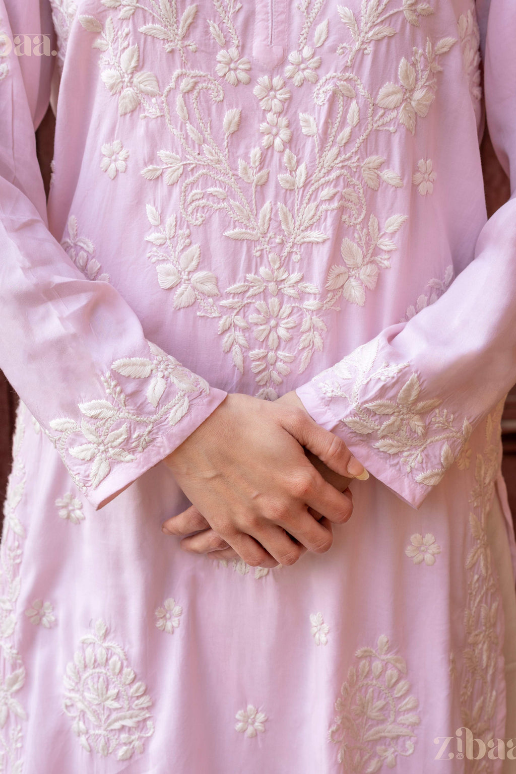 Zibaa Modal Blush Pink Long Chikankari Kurti | Grocsy