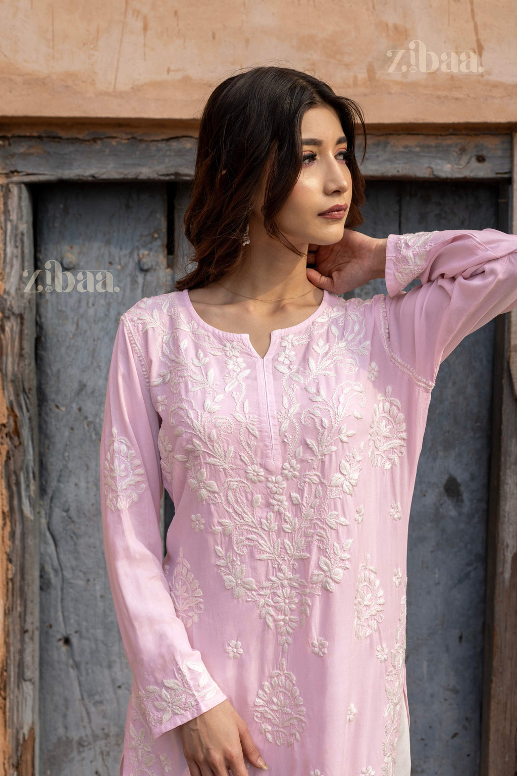 Zibaa Modal Blush Pink Long Chikankari Kurti | Grocsy