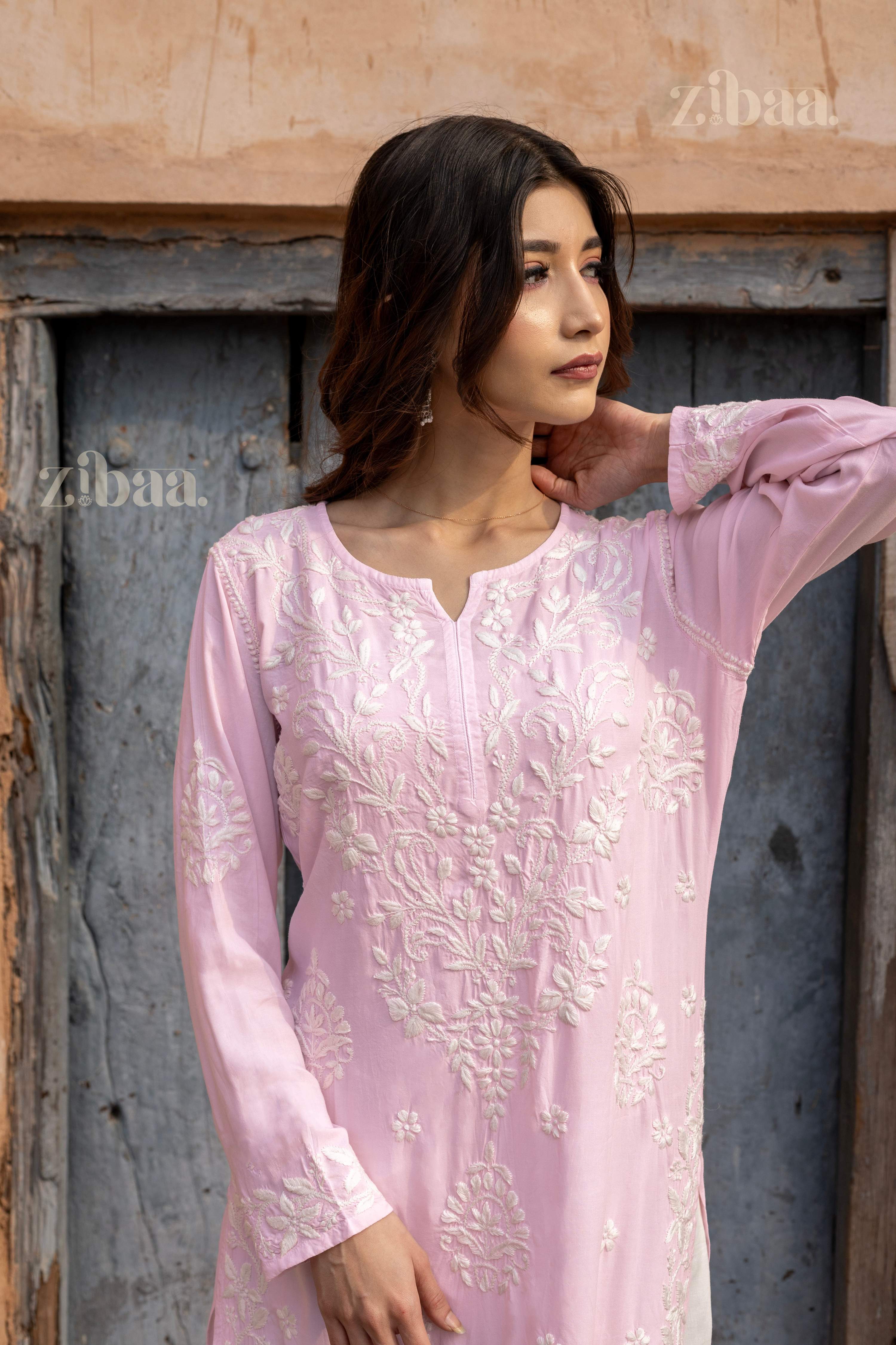 Zibaa Modal Blush Pink Long Chikankari Kurti | Grocsy