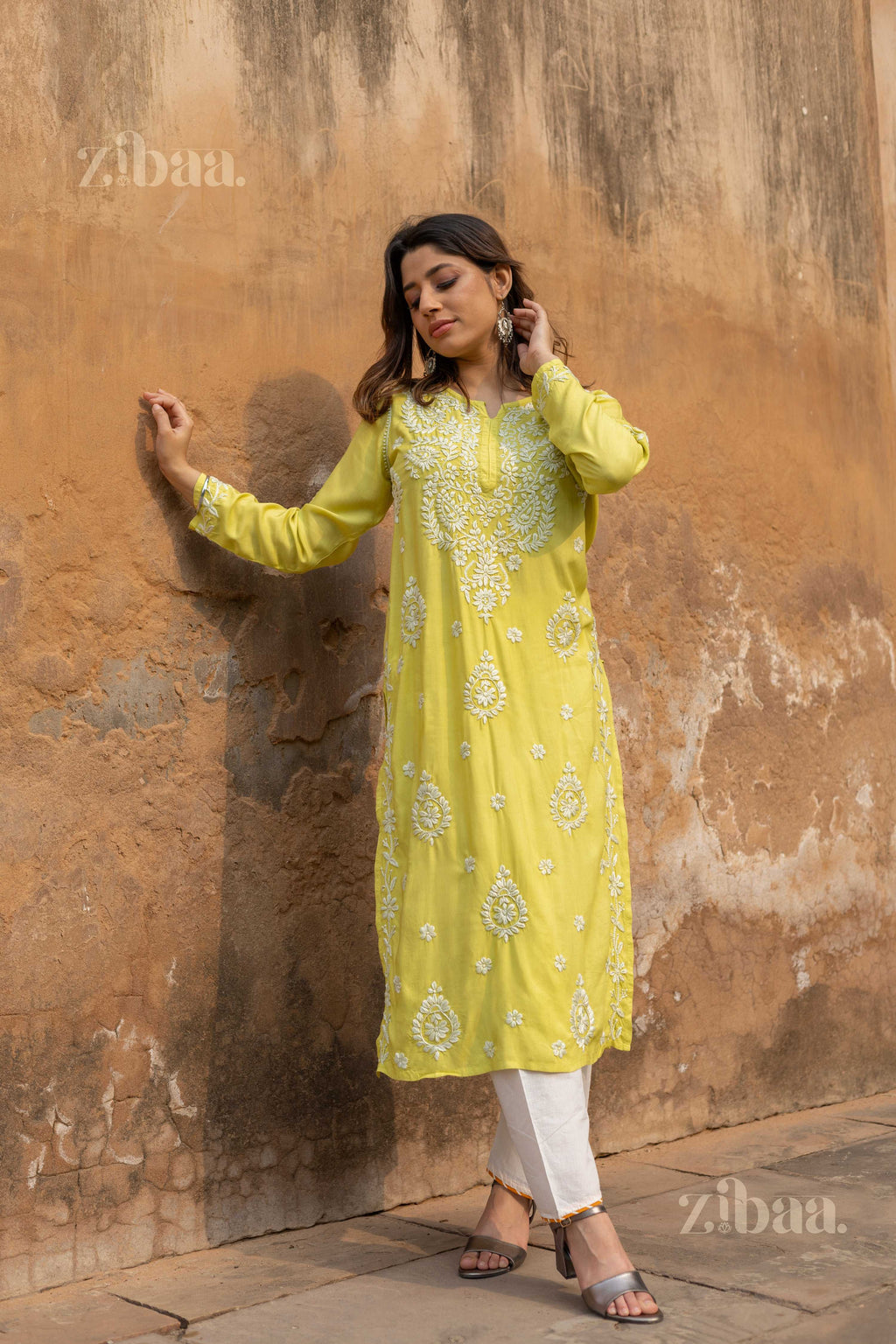 Zibaa Modal Olive Green Long Chikankari Kurti | Grocsy
